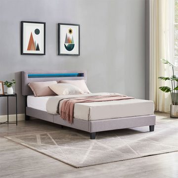 CARO-Möbel Polsterbett POWELL, Polsterbett 120x200 cm mit LED Bett Stoff grau Jugendbett Einzelbett