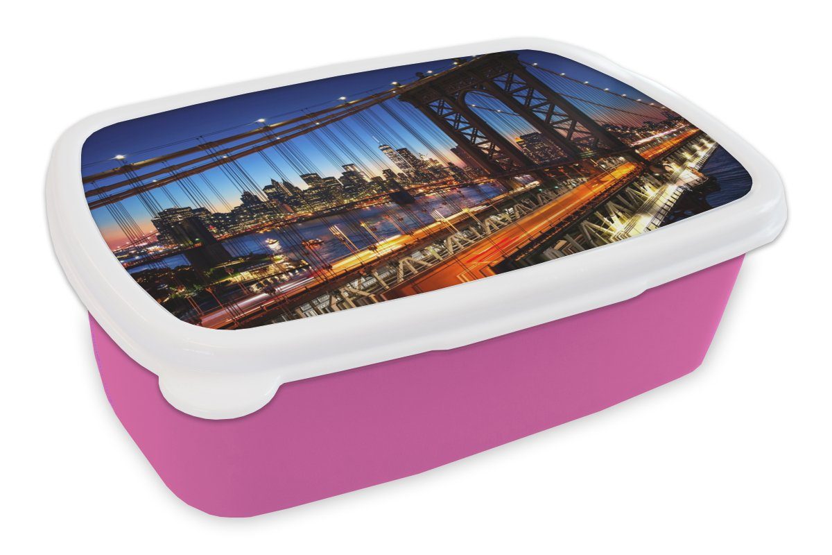 MuchoWow Lunchbox Brücke - Nacht - Architektur - USA, Kunststoff, (2-tlg), Brotbox für Erwachsene, Brotdose Kinder, Snackbox, Mädchen, Kunststoff rosa