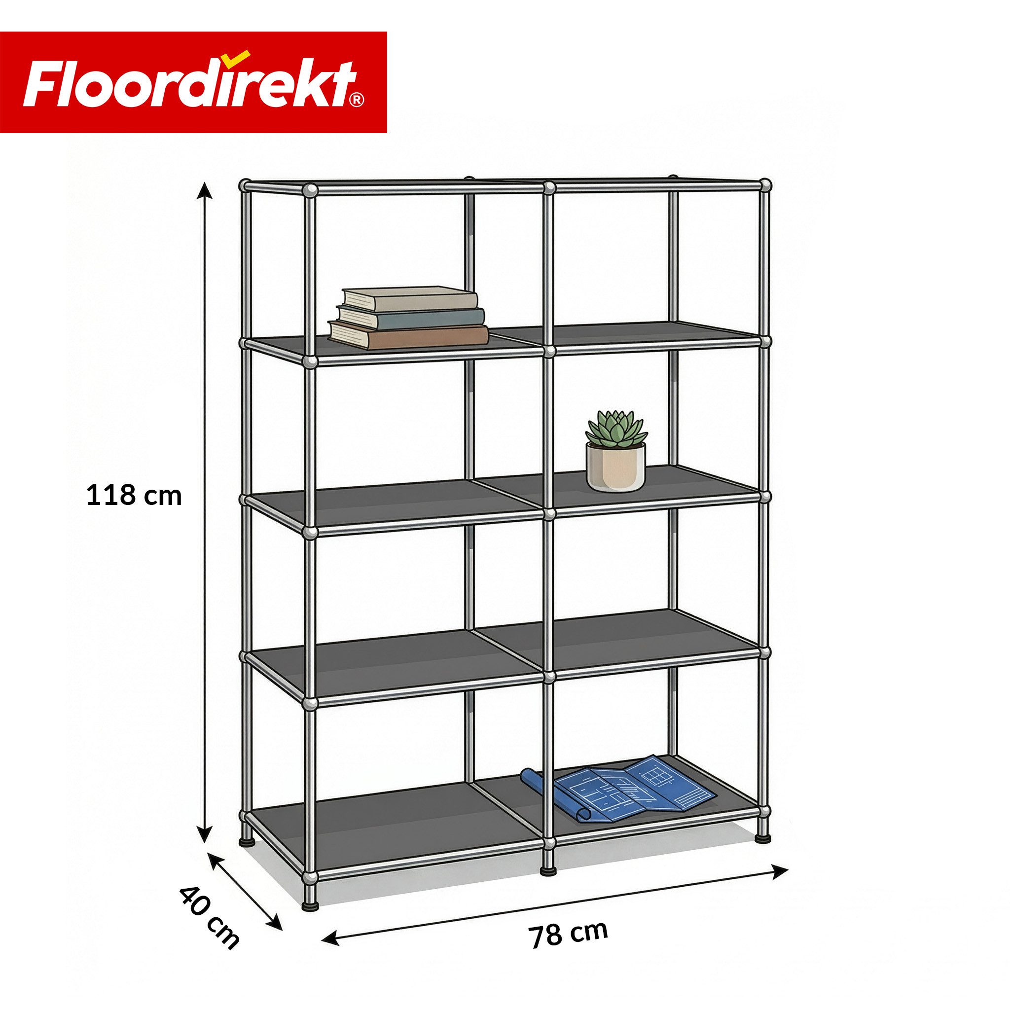 Floordirekt Bücherregal Standregal Concept Epure MK-015 Raumteiler, verchromtes Metallgestell, höhenverstellbare Kunststofffüße, 5 Ablagen, B78×T40×H118 cm