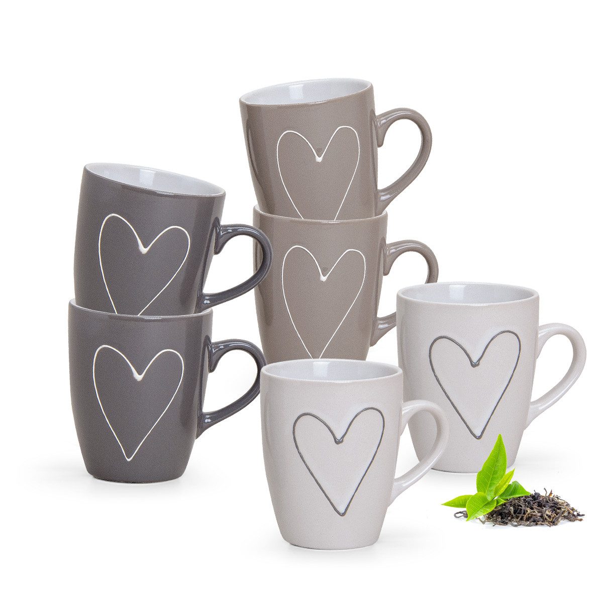 matches21 HOME & HOBBY Tasse Schöne Kaffeetassen 6er Set einfarbig mit Herzen Landhaus-Stil, 6-tlg., Keramik, Tee Kaffee-Becher, modern, grau beige weiss, 250 ml