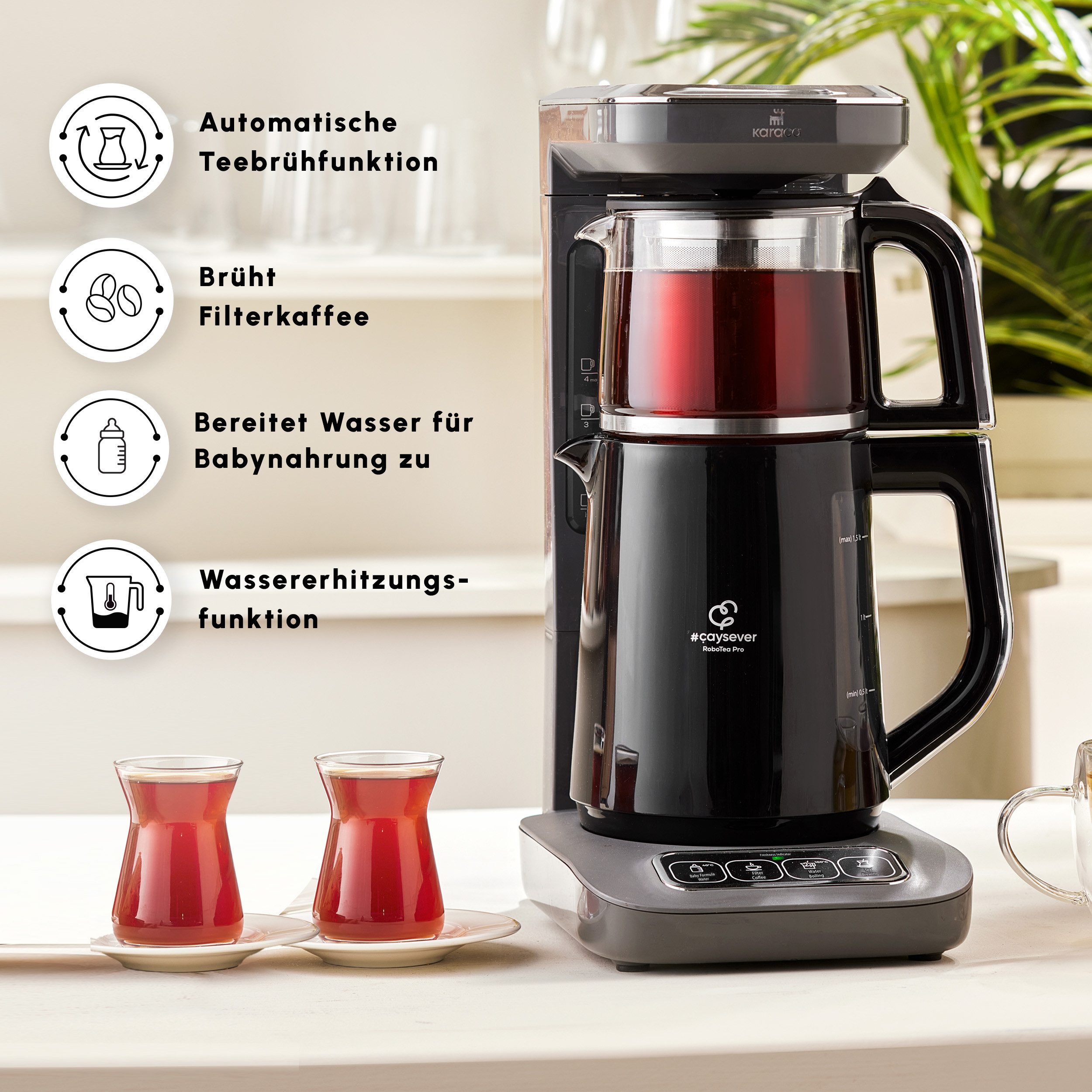 Karaca Wasserkocher Karaca Caysever Robotea Pro 4in1 Teekocher + Kaffeemaschine,Space Grau, 2500 W