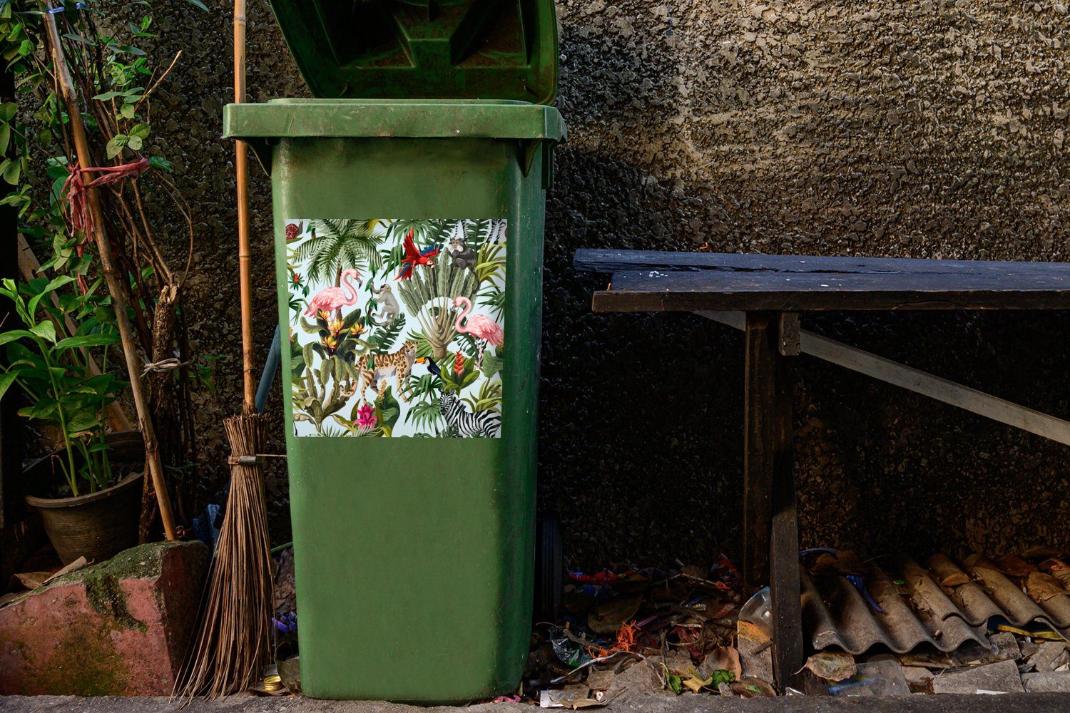 Kinder - Sticker, - MuchoWow Mülltonne, Dschungel - - Mädchen Papagei Abfalbehälter Container, Jungen - St), Wandsticker Flamingo Mülleimer-aufkleber, (1 Tiere -