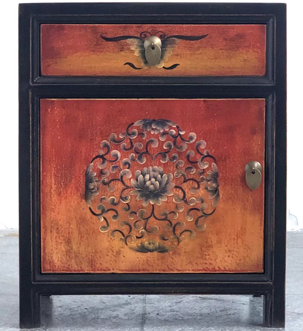 OPIUM OUTLET Nachtkommode Nichttisch Nachkonsole Kommode Nachtschrank (Asia Möbel Vintage-Stil Schlafzimmer Wohnzimmer Diele Flur, asiatisch chinesisch orientalisch fernöstlich), Nachtkästchen schwarz-orange