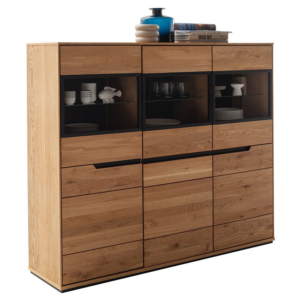 Lomadox Highboard AVESTA-06, in Eiche, teilmassiv, grifflos mit schwarzen Griffblenden