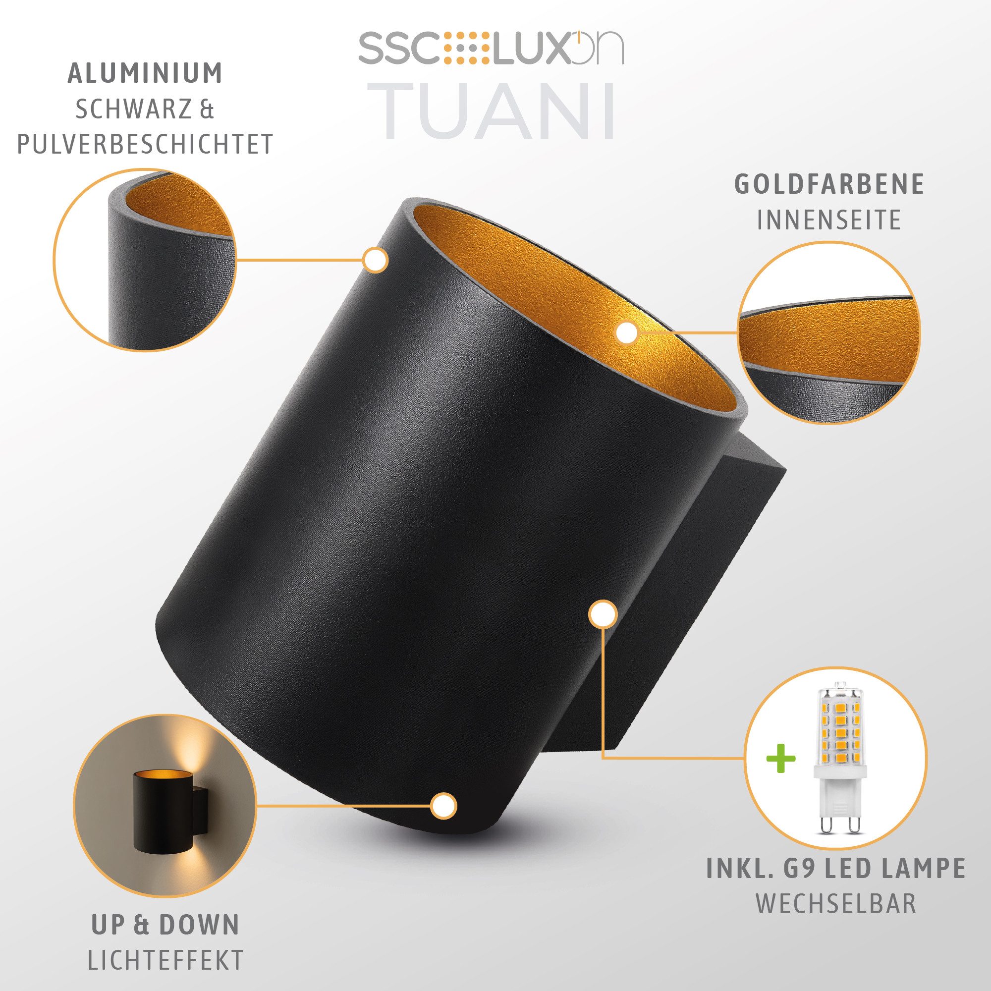 SSC-LUXon LED Wandleuchte LED Wandleuchte TUANI innen Up&Down inkl. LED G9 dimmbar 3W warmweiß, Warmweiß