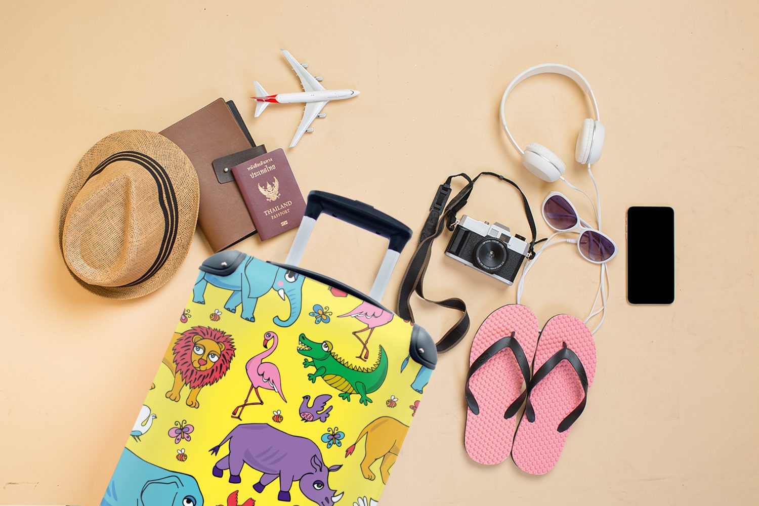 Handgepäck Rollen, - Flamingo rollen, MuchoWow mit Reisetasche Reisekoffer 4 für Handgepäckkoffer Muster, Tiere Trolley, - Ferien,