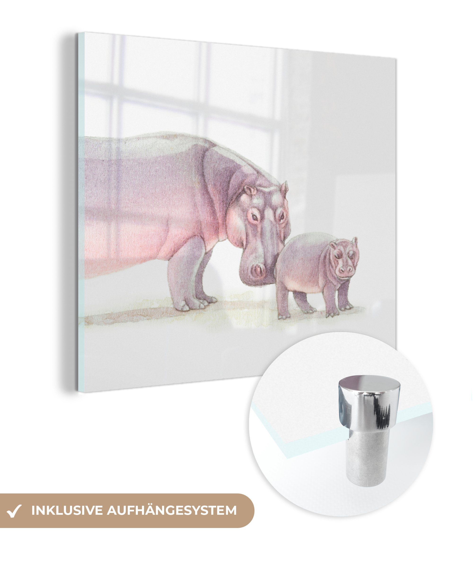 MuchoWow Acrylglasbild Nilpferd - Kalb - Aquarell, (1 St), Glasbilder - Bilder auf Glas Wandbild - Foto auf Glas - Wanddekoration
