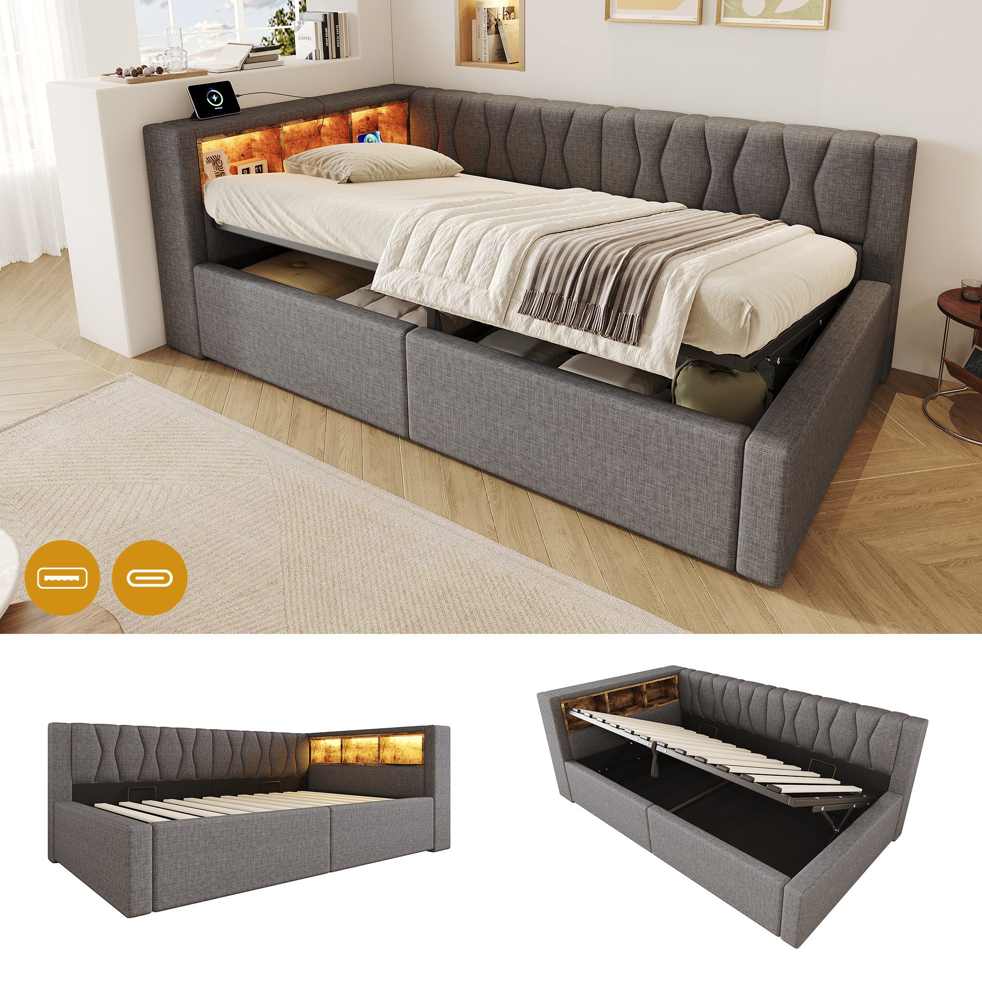 Flieks Daybett, Polsterbett Schlafsofa 90x200cm mit Hydraulik, LED-Leiste, Aufladen