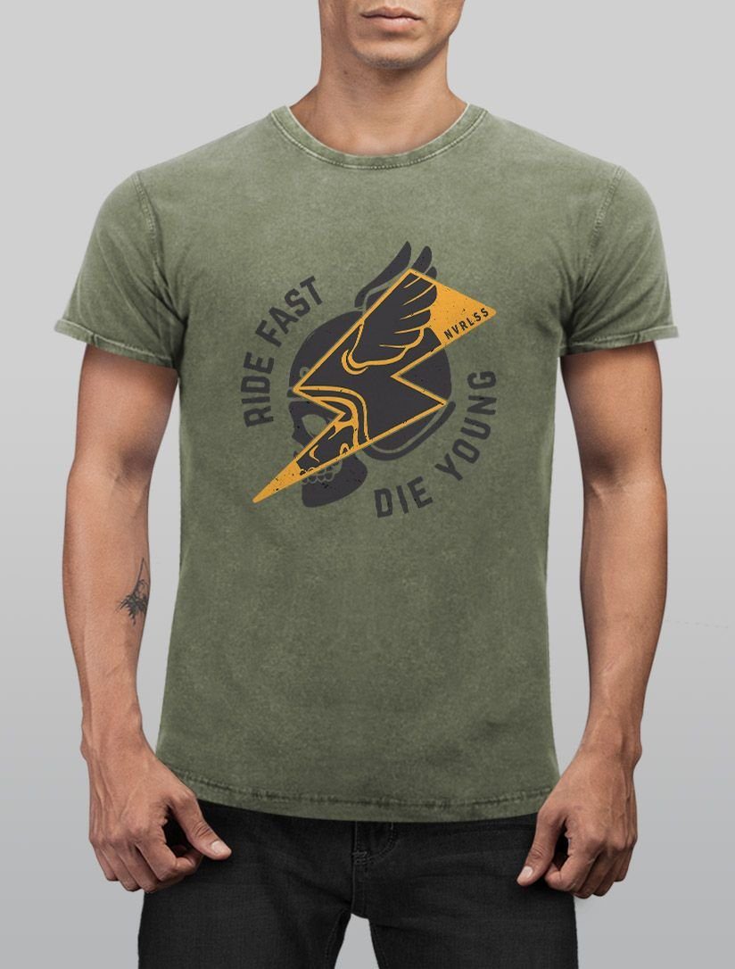Herren Shirts Neverless Print-Shirt Neverless® Herren T-Shirt Vintage Shirt Printshirt Rocker Biker Spruch Motiv Ride fast die y