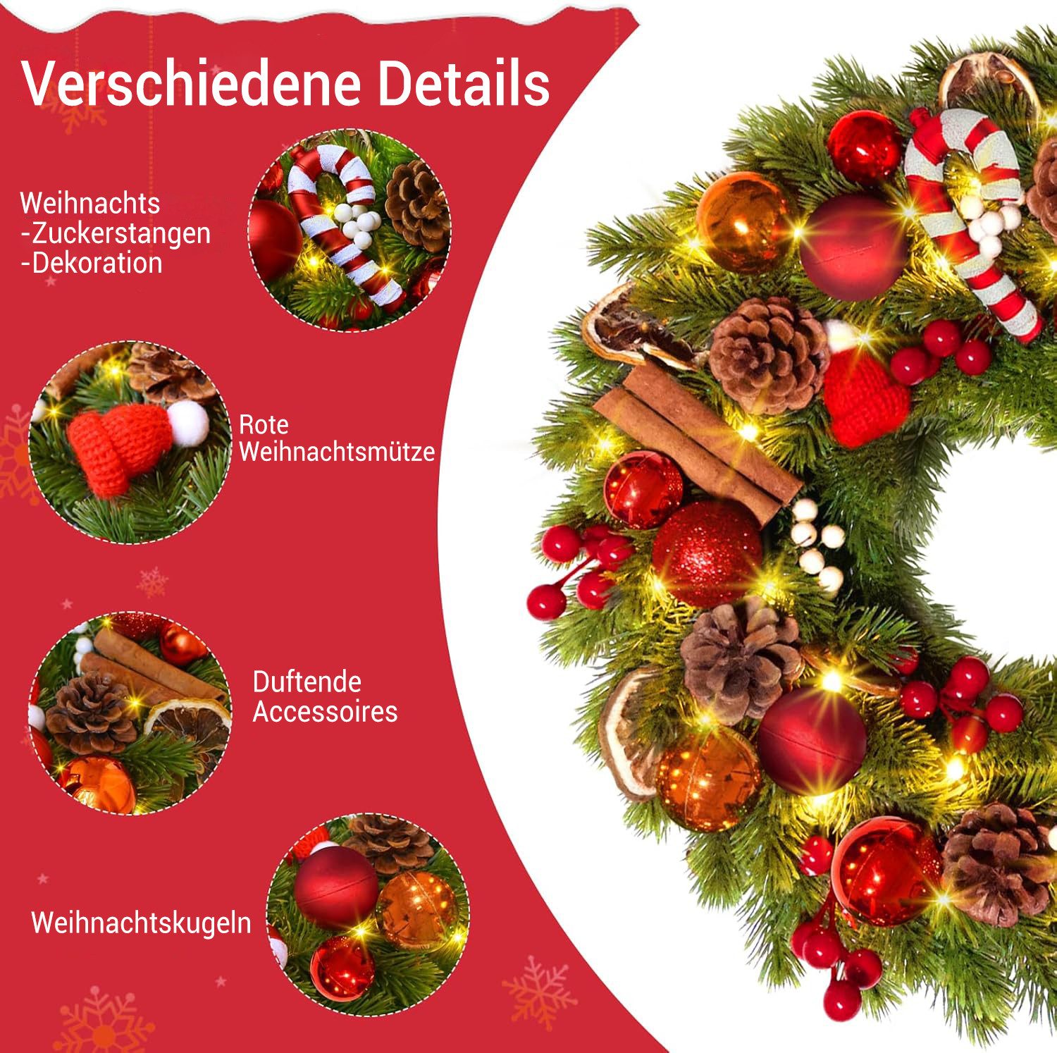 Kunstkranz Türkranz girlande weihnachten mit LEDs, weihnachtsdeko 40/60cm, Quntis, mit Zuckerstange, Zitronenscheiben und Weihnachtskugeln – Bild 4 von 5