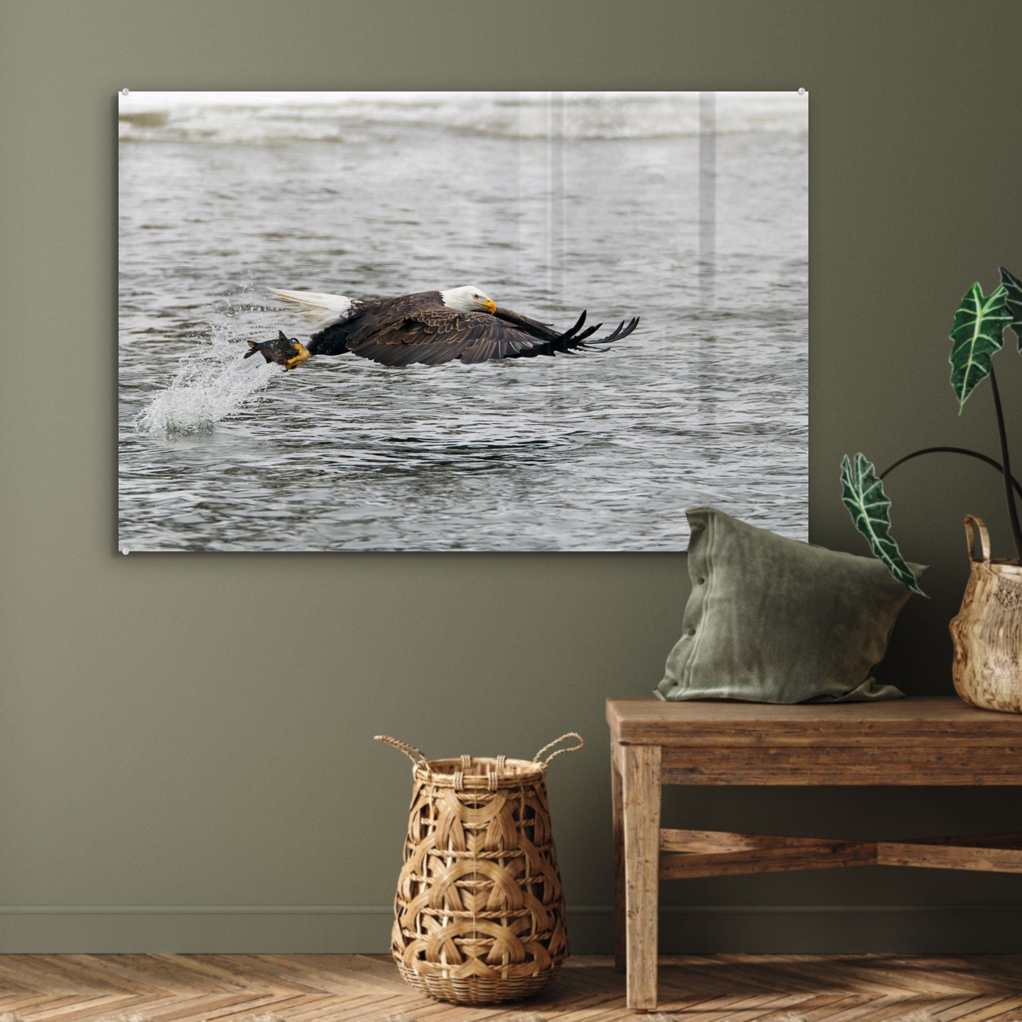 Schlafzimmer fängt Fisch, Weißkopfseeadler MuchoWow Wohnzimmer einen Acrylglasbilder Acrylglasbild & (1 St),