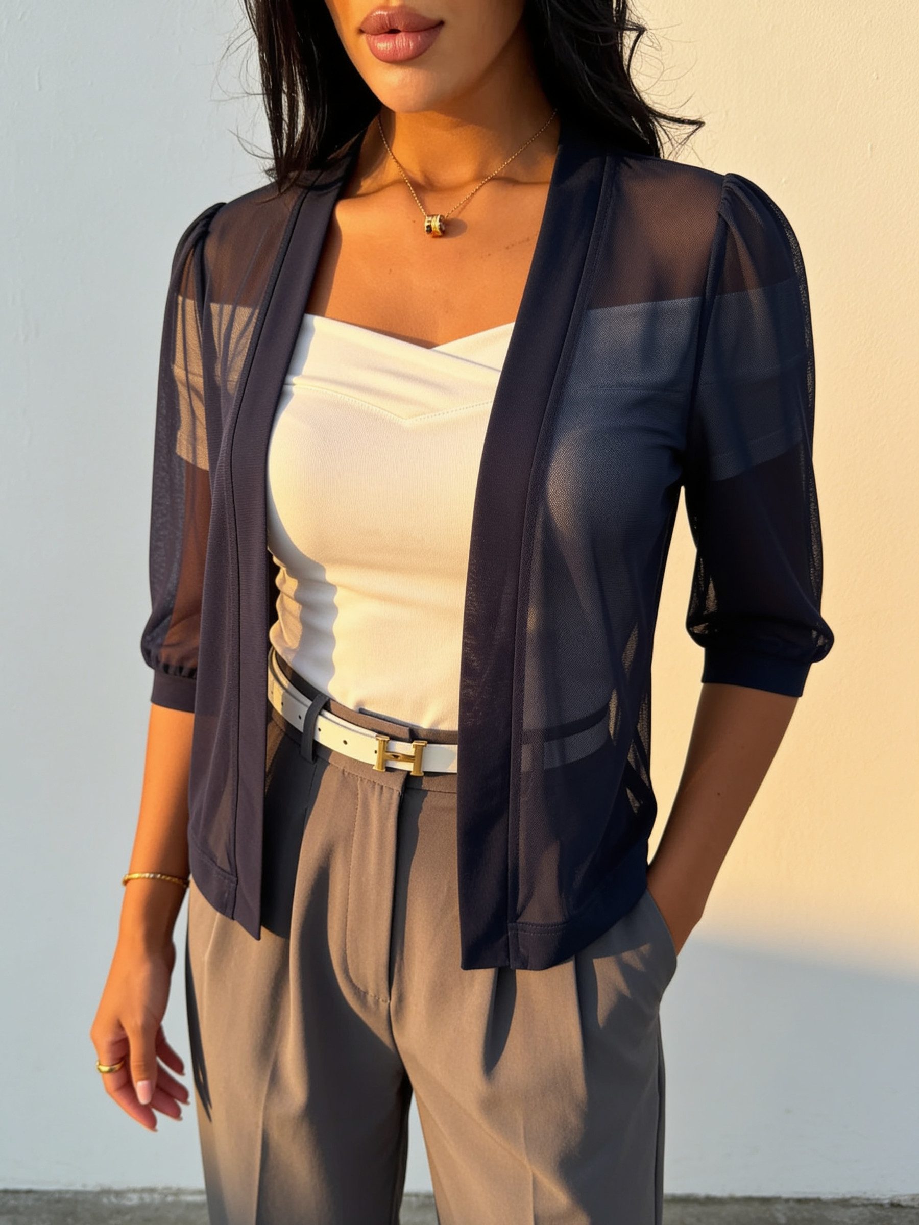 Elegant Love Cardigan Damen Chiffon Bolero transparent – leichte Kurzjacke mit 3/4-Ärmeln Offene Sommerjacke – eleganter Überwurf für Abendkleid & Freizeit