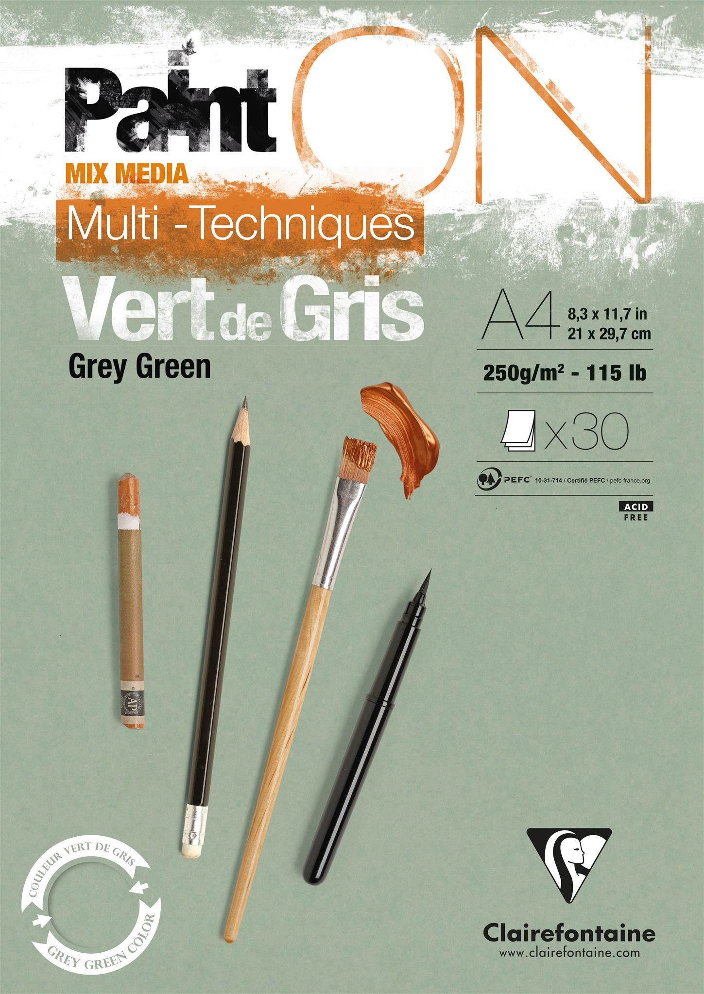 CLAIREFONTAINE Zeichenpapier Clairefontaine Block PaintOn grüngrau A4 30Bl 250g