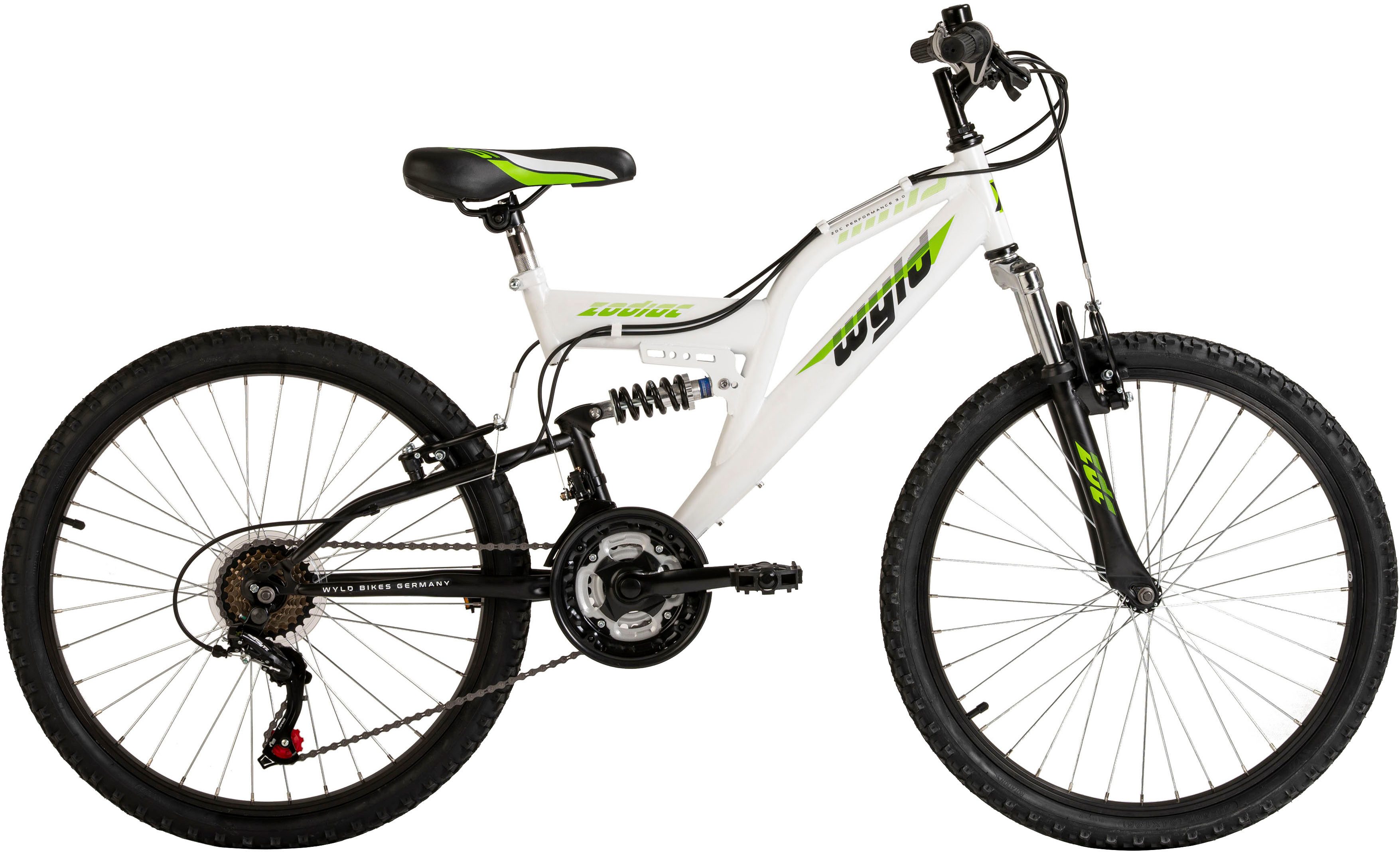 WYLD Kinderfahrrad Kinder-Mountainbike Fully 24'' Zodiac weiß 18 Gänge RH 38 cm, 18 Gang, Kettenschaltung