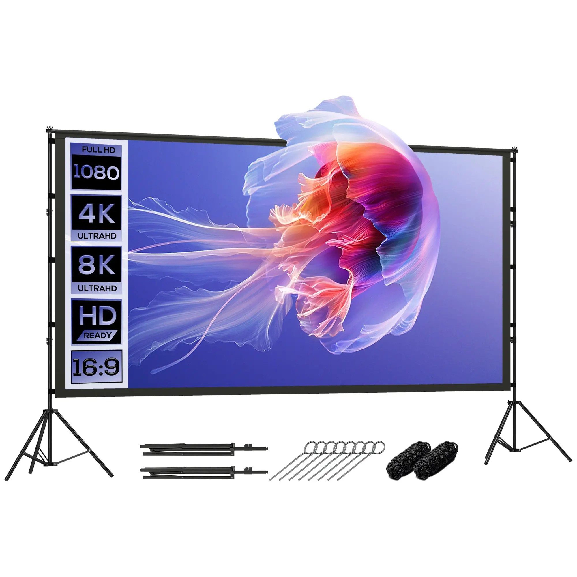 BlingBin Beamer Leinwand 100/120" 16:9 HD 4K/8K Projektionsleinwand mit Stativ Stativleinwand (160 Grad Betrachtungswinkel, Tragbare Doppelseitige Leinwand)
