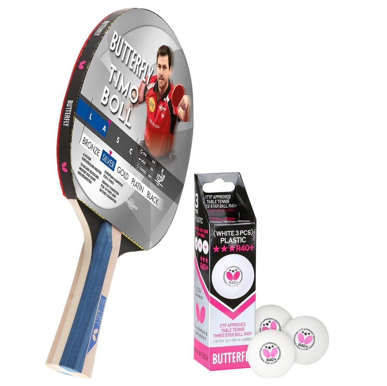 Butterfly Tischtennisschläger 1x Timo Boll Silber 85016 + М'ячі, Tischtennis Ракетки Set Tischtennisset Table Tennis Bat Racket