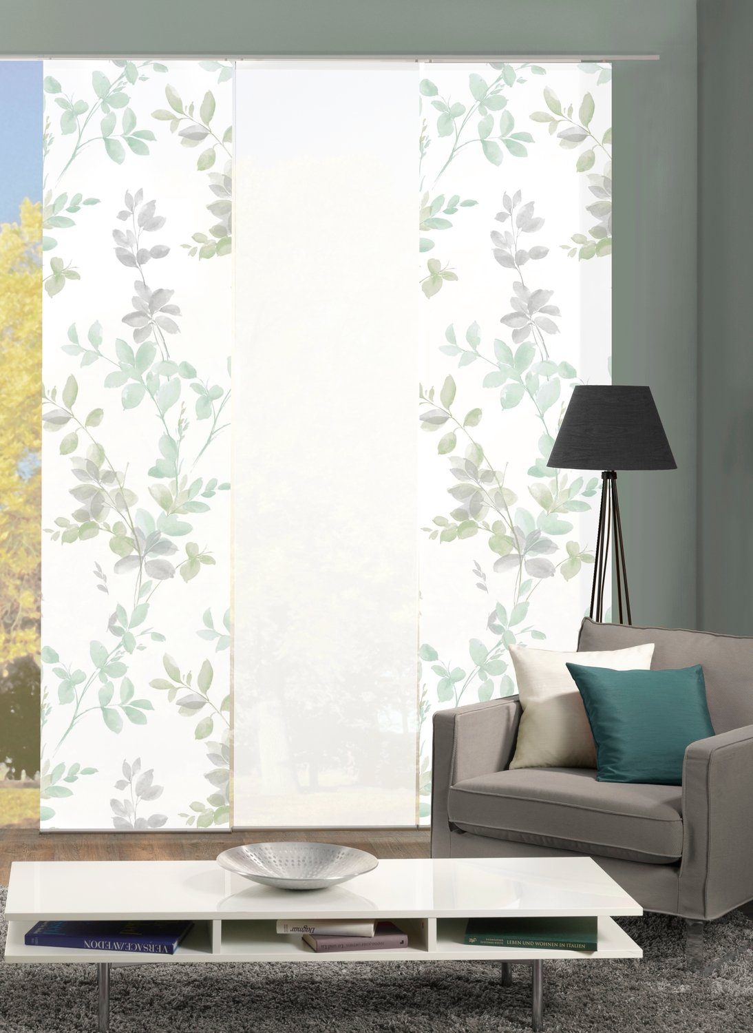 HOME WOHNIDEEN Schiebegardine 084646 Schiebegardine ALYA, halbtransparent, Ranken-Motiv 245x60 cm (3 St), Paneelwagen, blickdicht, 100% Polyester