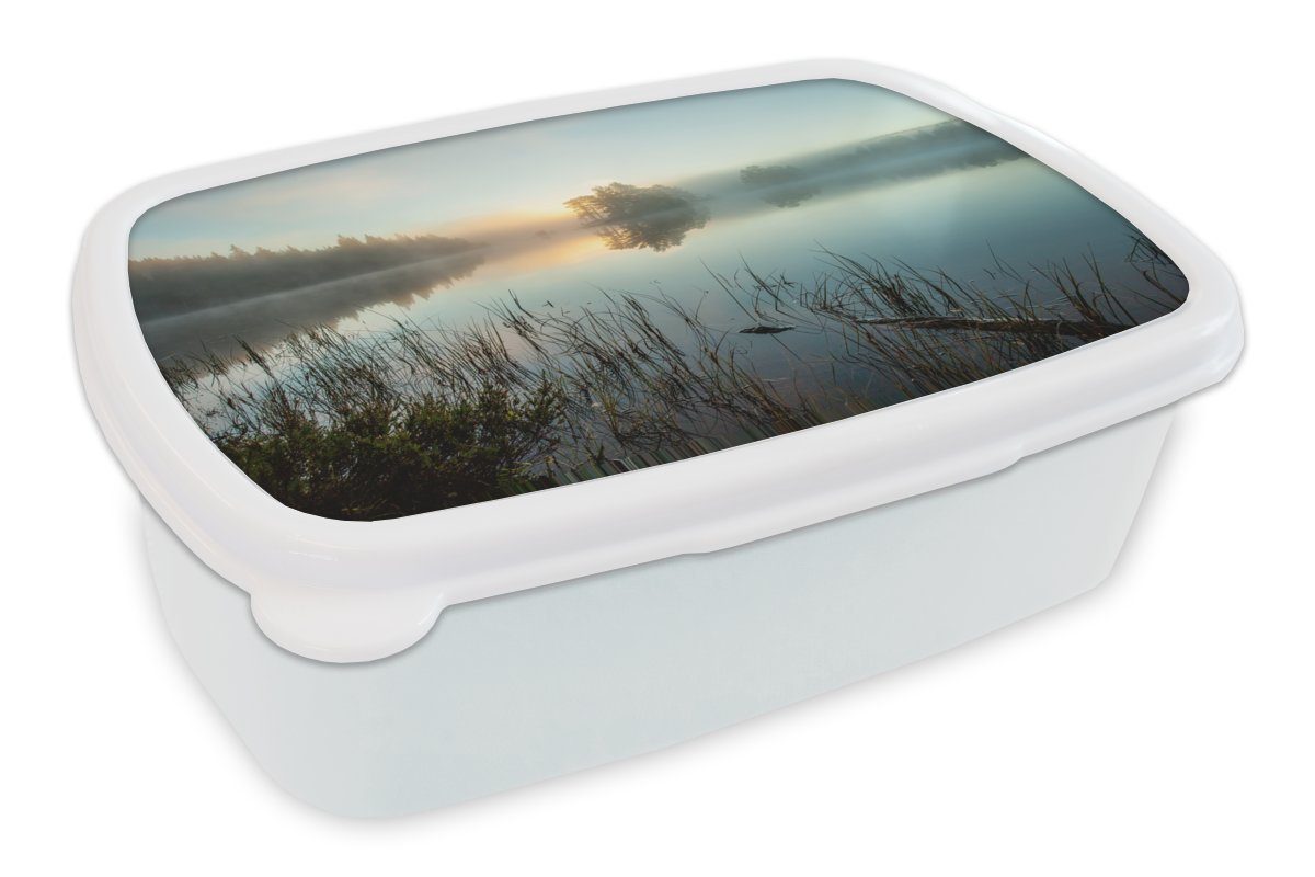 MuchoWow Lunchbox Sonnenaufgang am See, Kunststoff, (2-tlg), Brotbox für Kinder und Erwachsene, Brotdose, für Jungs und Mädchen weiß