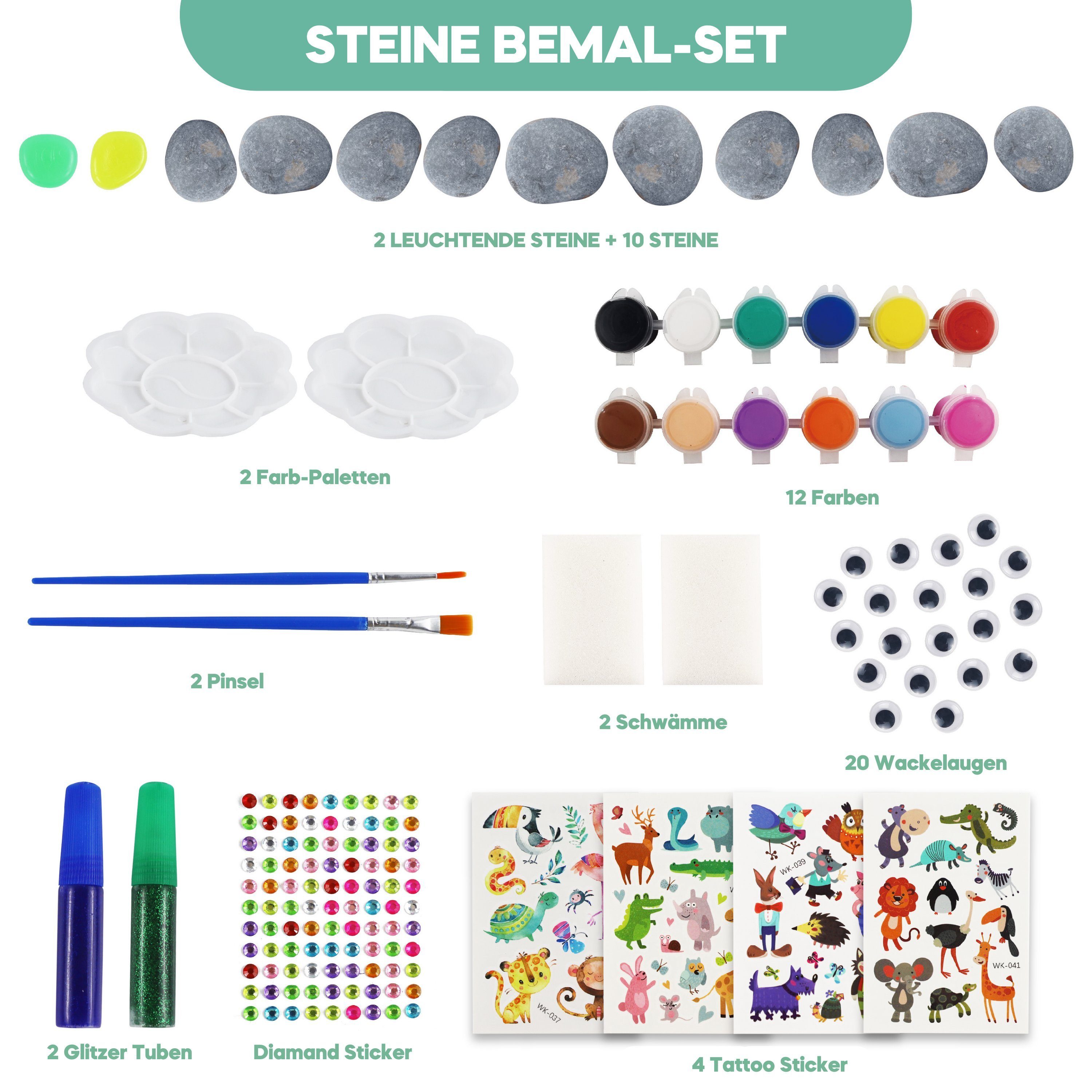 Coradoma Kreativset Steine zum Bemalen DIY Set Bastelset Kinder Malen Kreativ, (Bastelset, 10 Steine + 2 Leuchtsteine)
