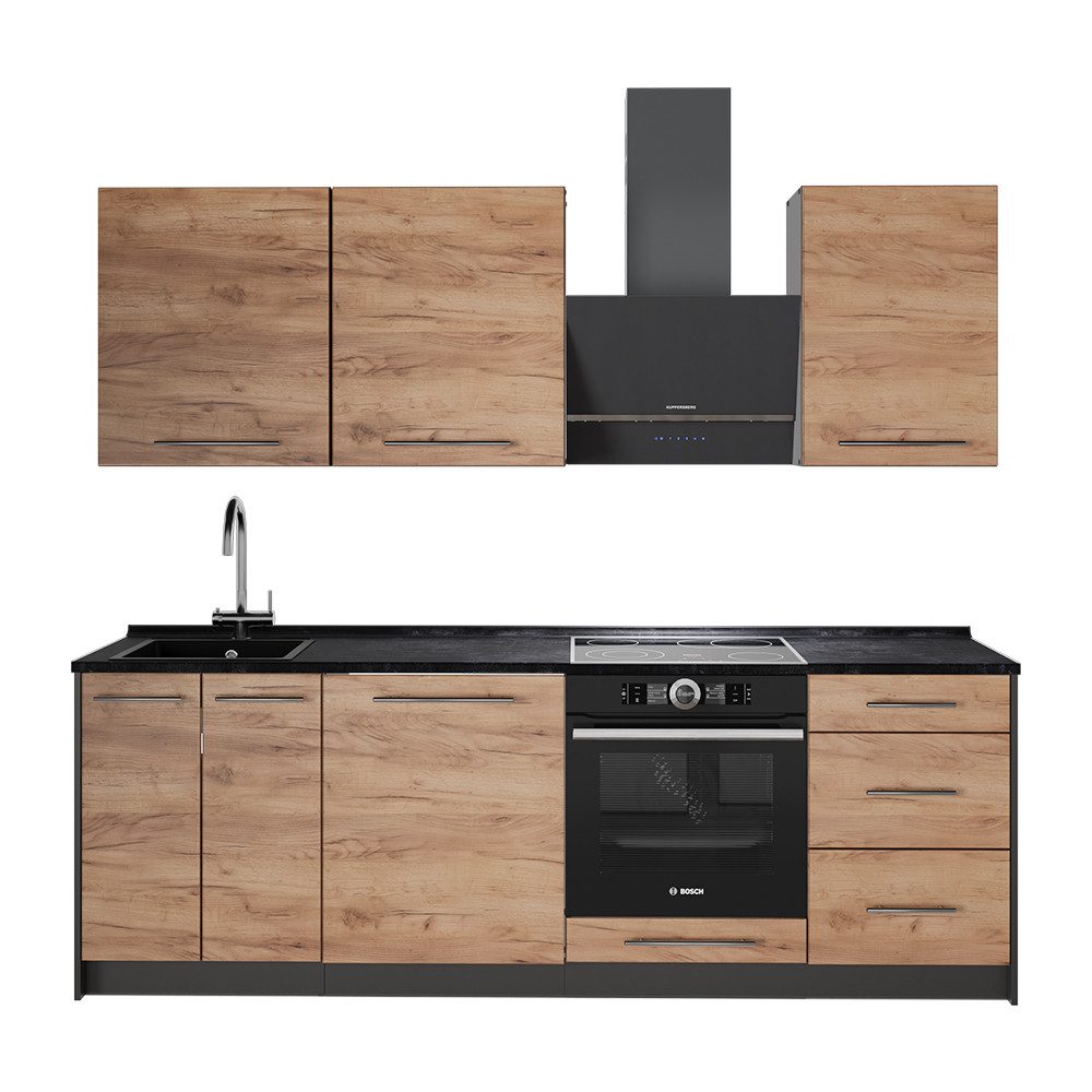 Vicco Küchenzeile Fame-Line, Goldkraft Eiche/Weiß, 230 cm ohne Arbeitsplatte