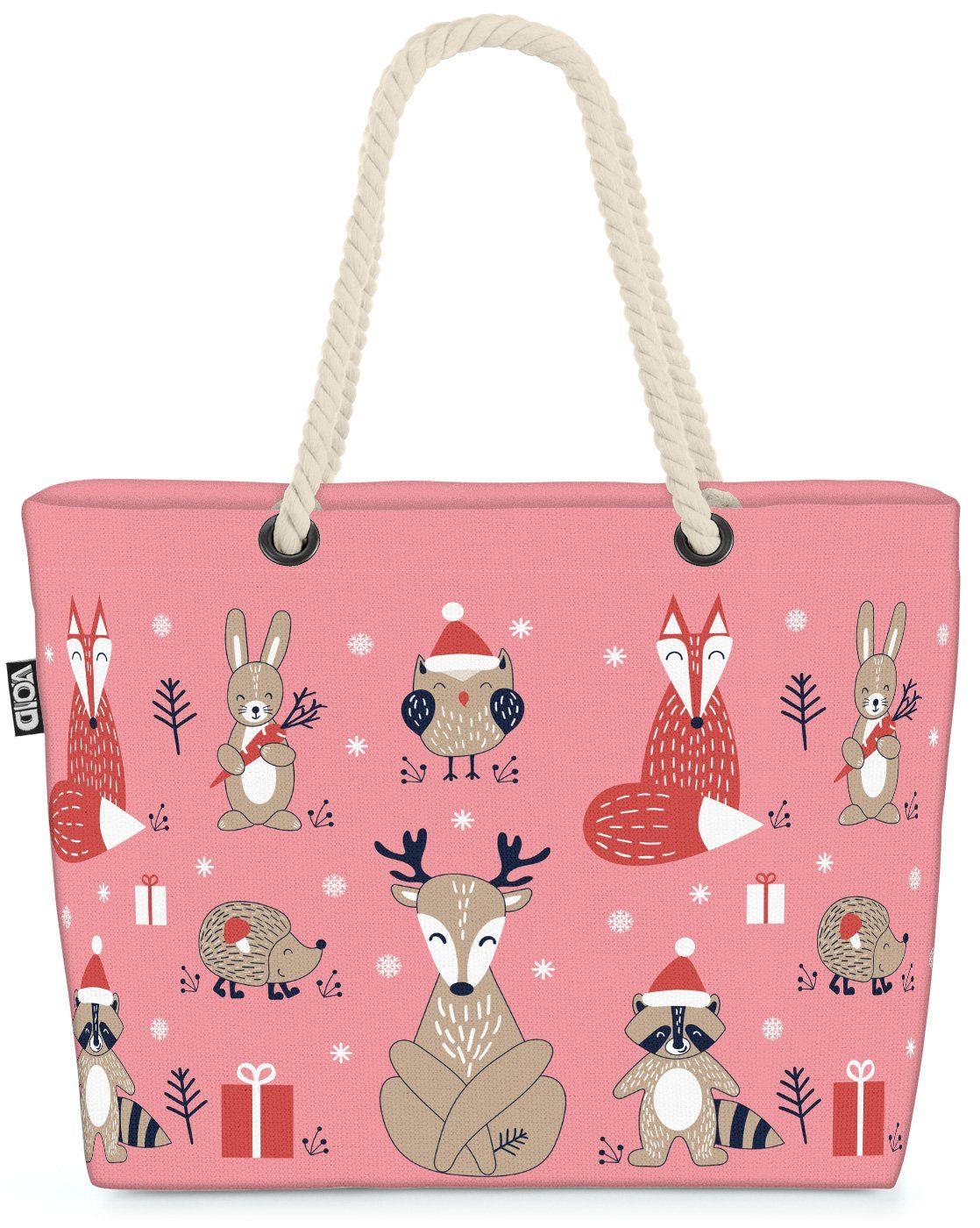 VOID Strandtasche (1-tlg), Kinder Weihnachten Tiere Beach Bag Eule Fuchs Hase Reh Rentier Kinder Winter
