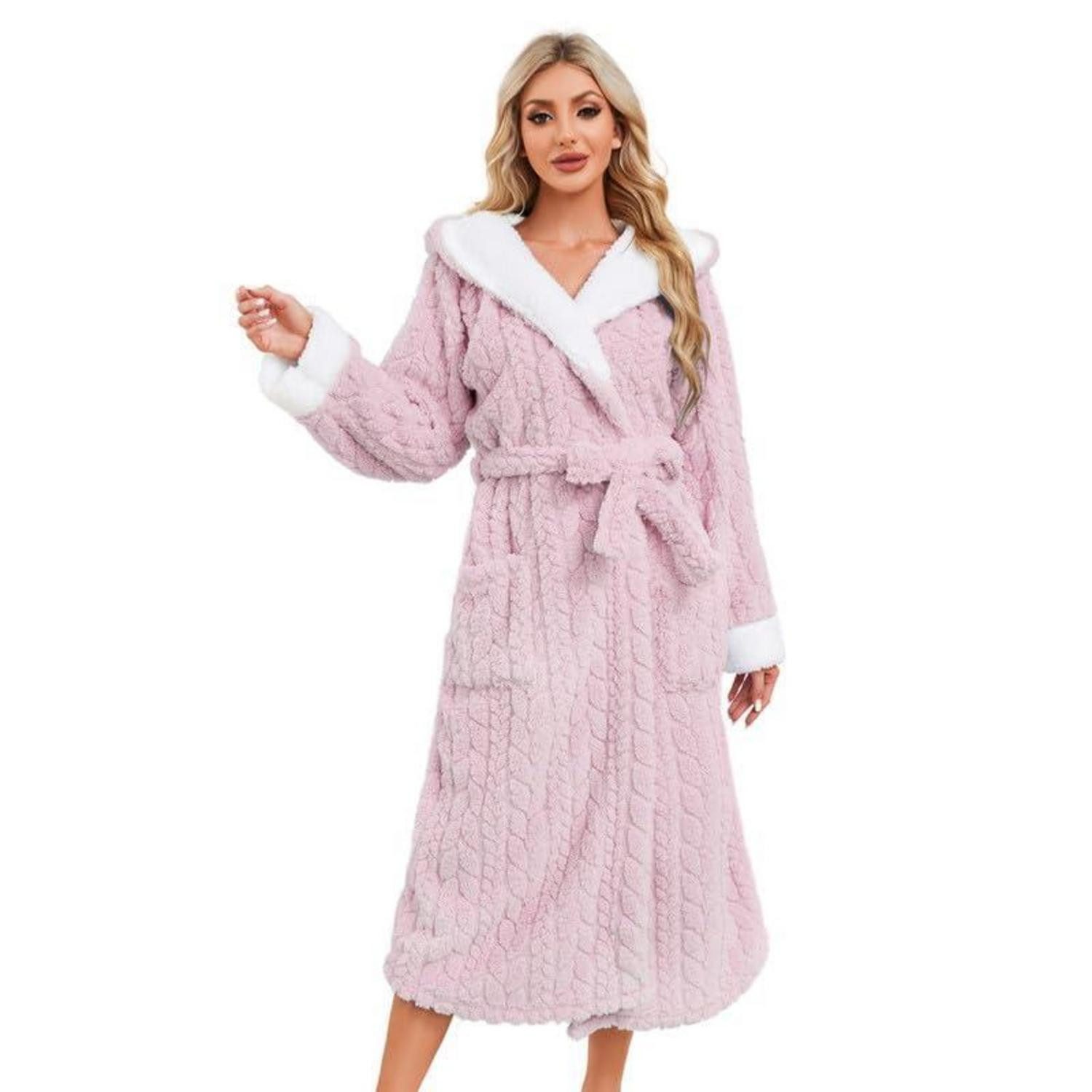 LuxusKollektion Damenbademantel Damen Plüsch Bademantel Lang Kapuze Hellrosa, Textil, Kapuze