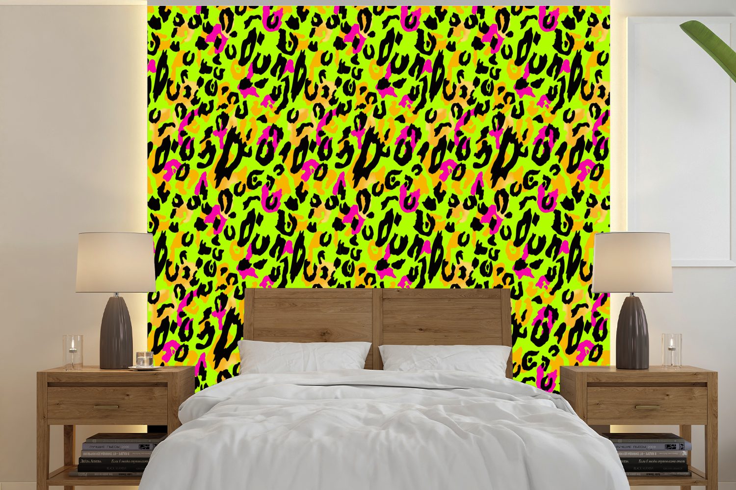 MuchoWow Fototapete Pantherdruck - Neon - Gelb - Rosa, Matt, bedruckt, (5 St), Vinyl Tapete für Wohnzimmer oder Schlafzimmer, Wandtapete | Fototapeten