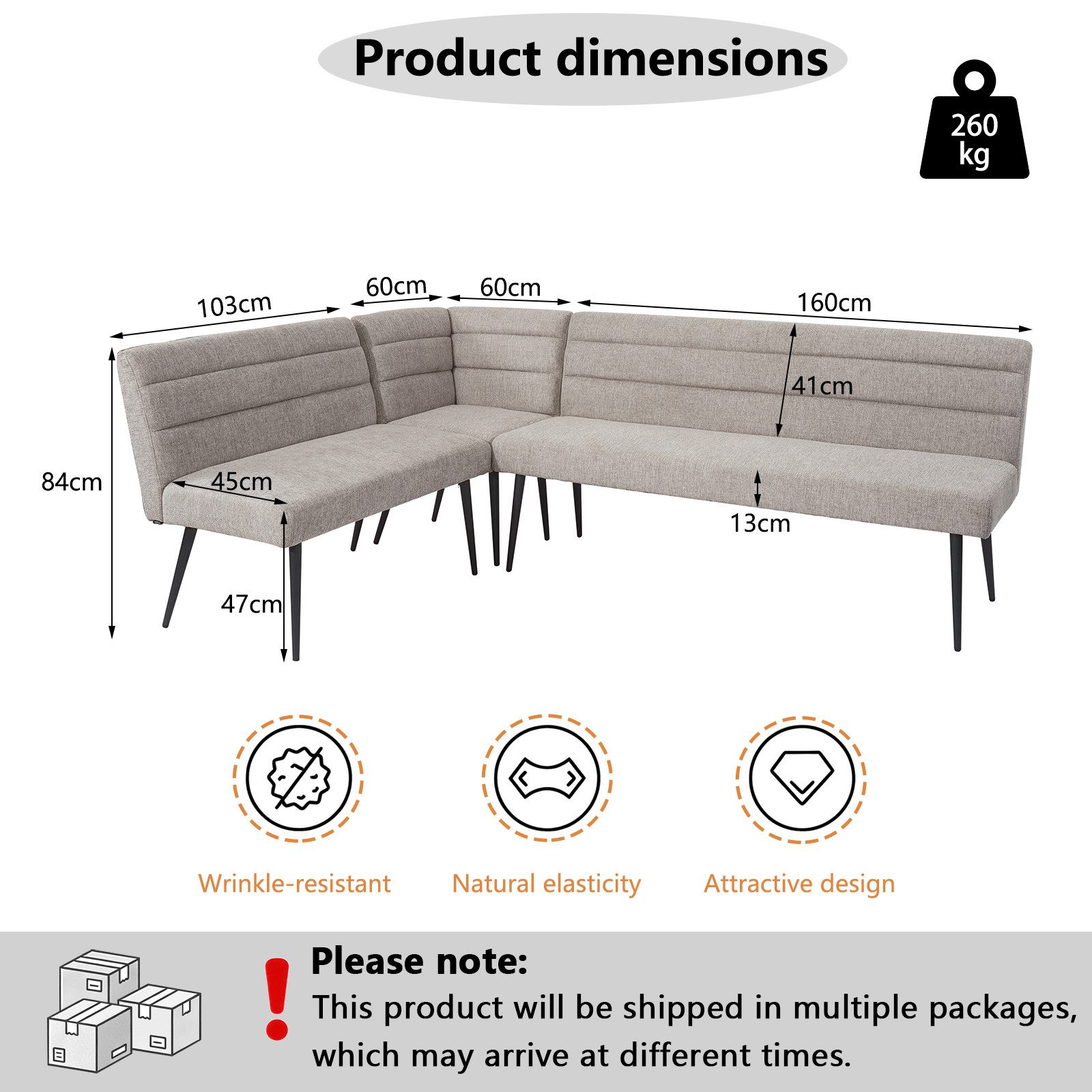 Jiexi Essgruppe Esszimmer-Set: Eckbank & Esstisch, Polyesterstoff, Metallbeine – Bild 3 von 5