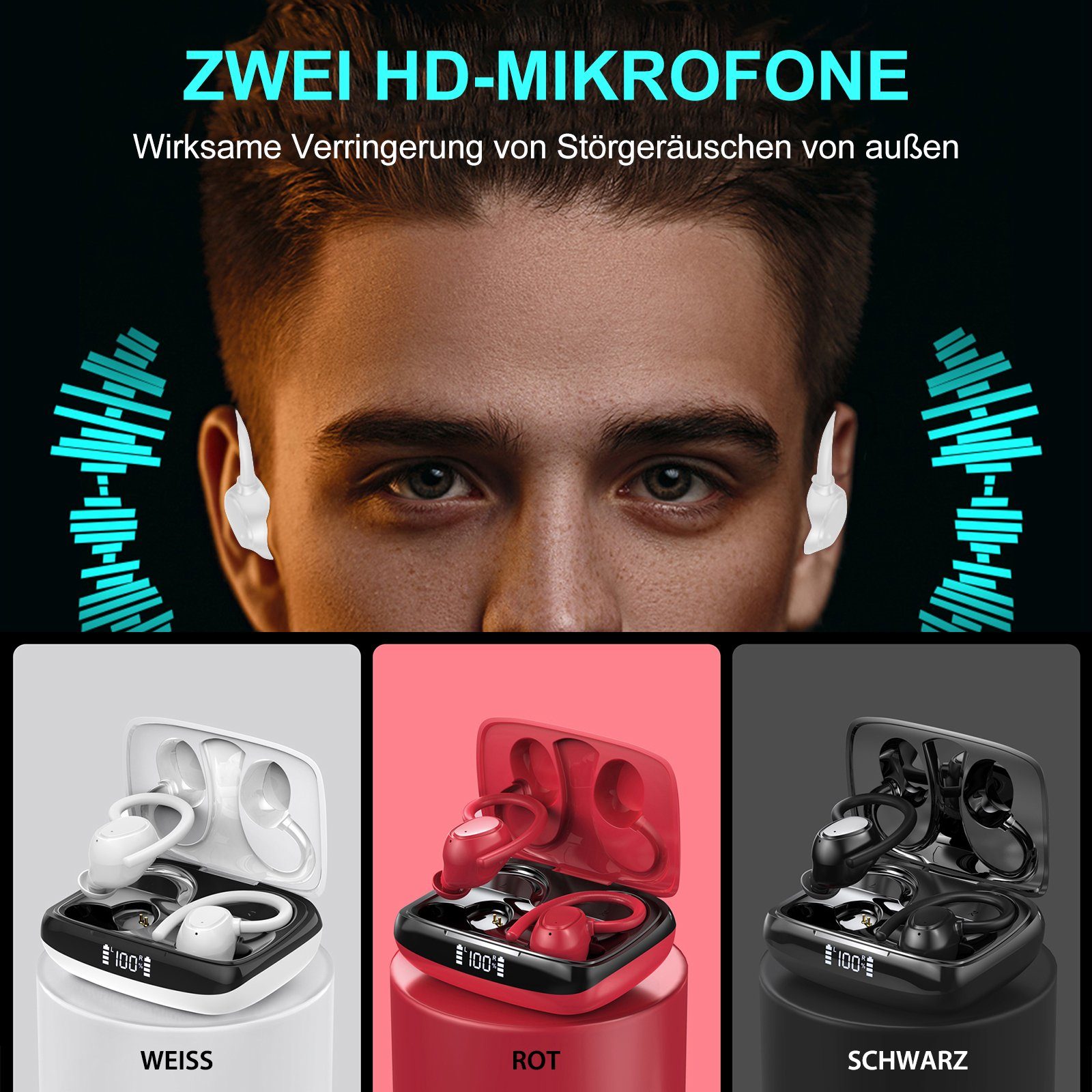 Sportkopfhörer,IP7 Yuede Bluetooth Immersive 13-mm-Schwingspule) 5.3 Rosa ENC Anruf Earbuds Bass, Wasserdicht Display, mit Digital (24H LED HD In-Ear-Kopfhörer Pairing, Step One
