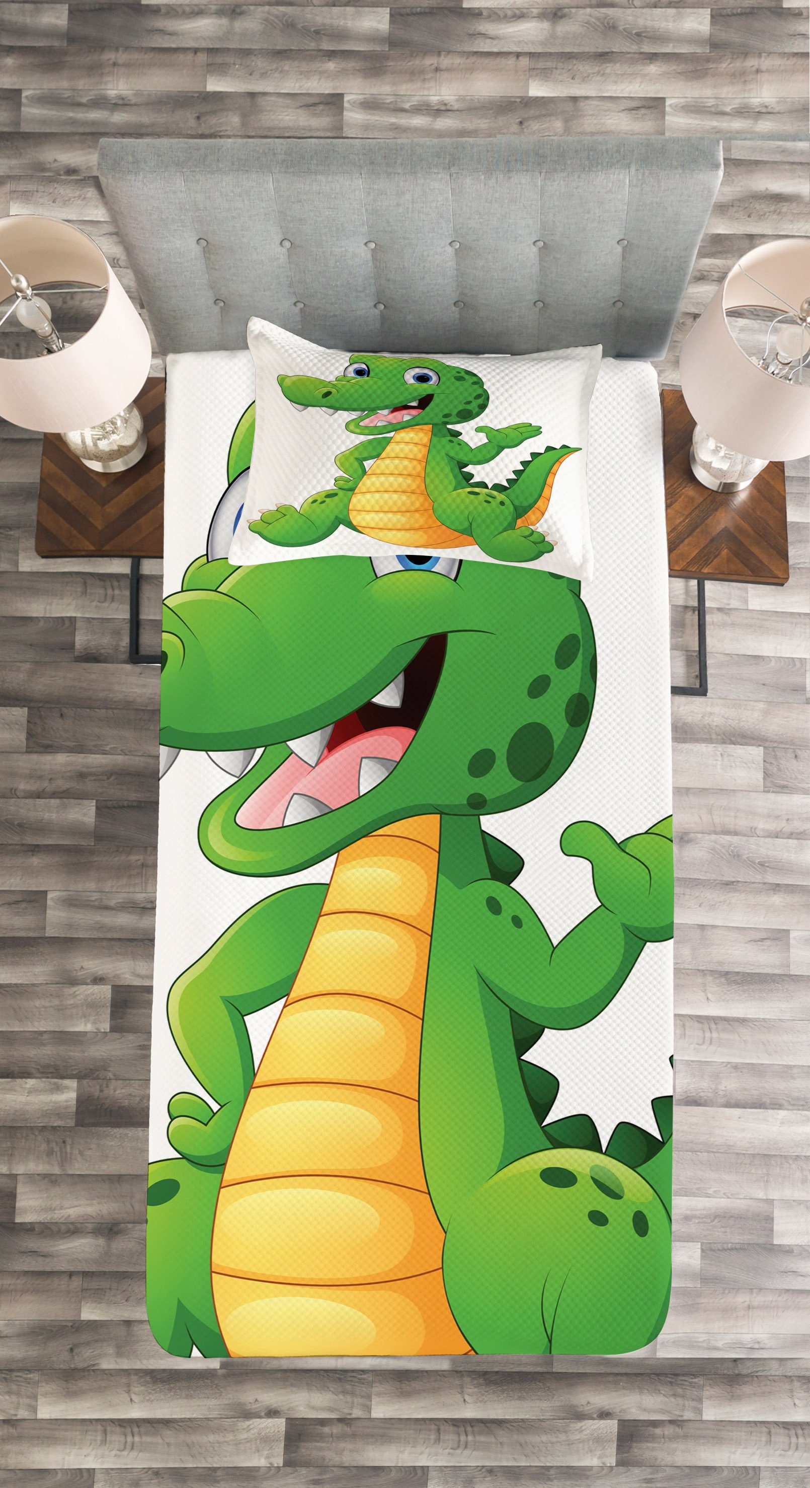 Kissenbezügen Waschbar, mit Charakter Krokodil Abakuhaus, Karikatur-glücklicher Tagesdecke Set