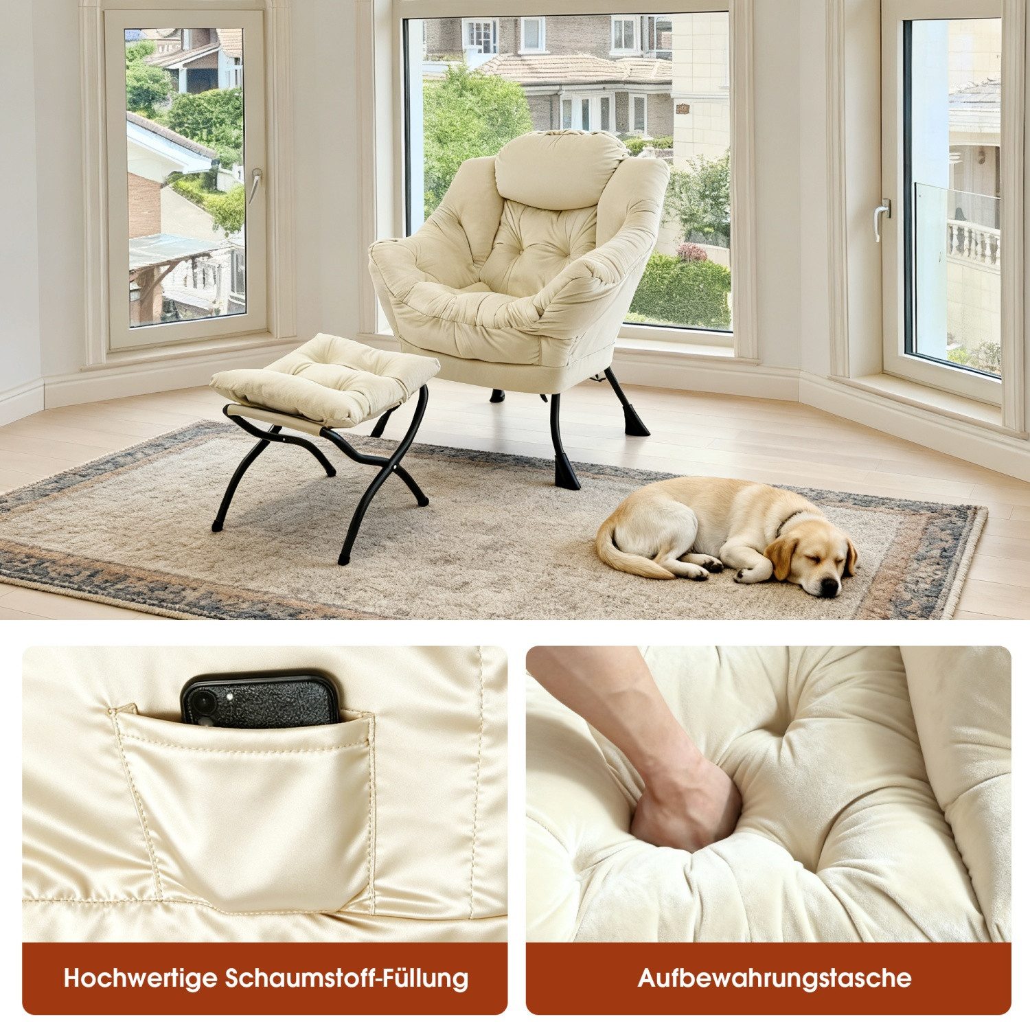 ANYSUN Loungesessel Relaxsessel aus Samt mit Hocke,Sanftes Design mit Nackenstütze (Seitentasche (Handy), Hocker als Fußbank/Kindersitz), Loungesessel,Fernsehsessel, Ohrensessel für Wohnzimmer, Schlafzimmer