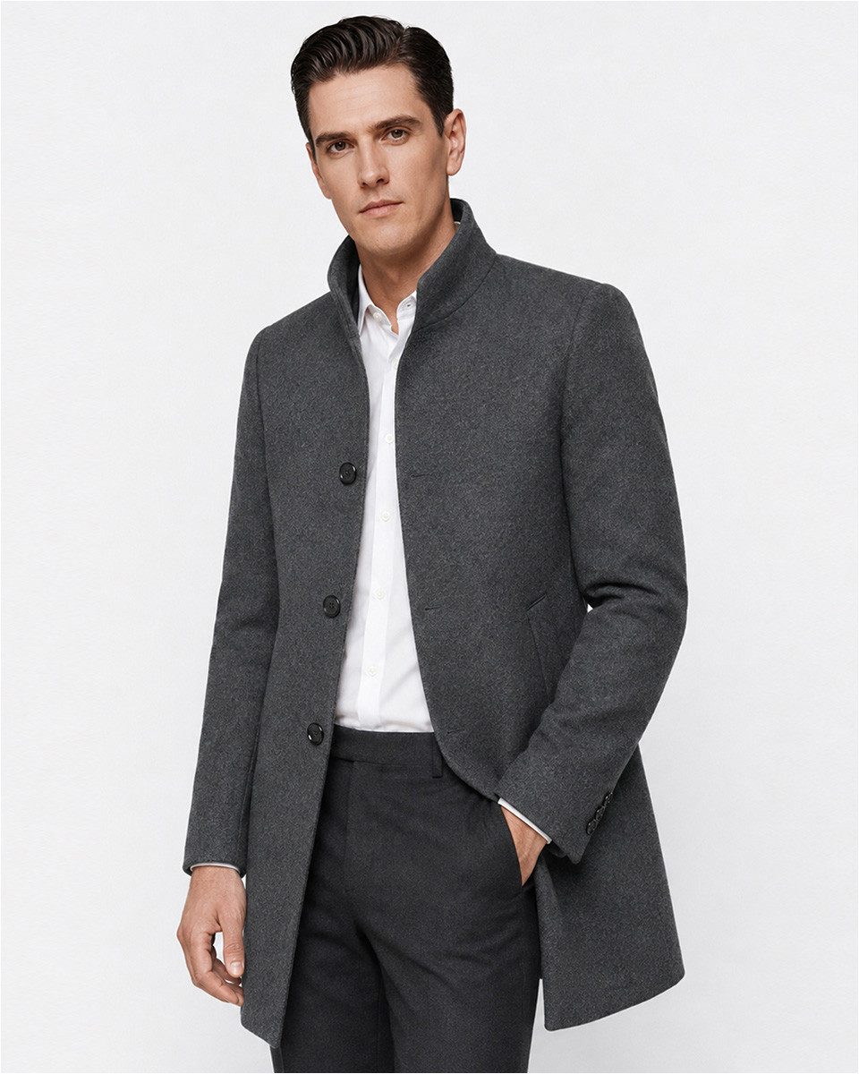 Allthemen Wintermantel warmer Wintermantel aus Wollmisch Herren Wollmisch-Wintermantel Slim Fit mittellang Stehkragen Business