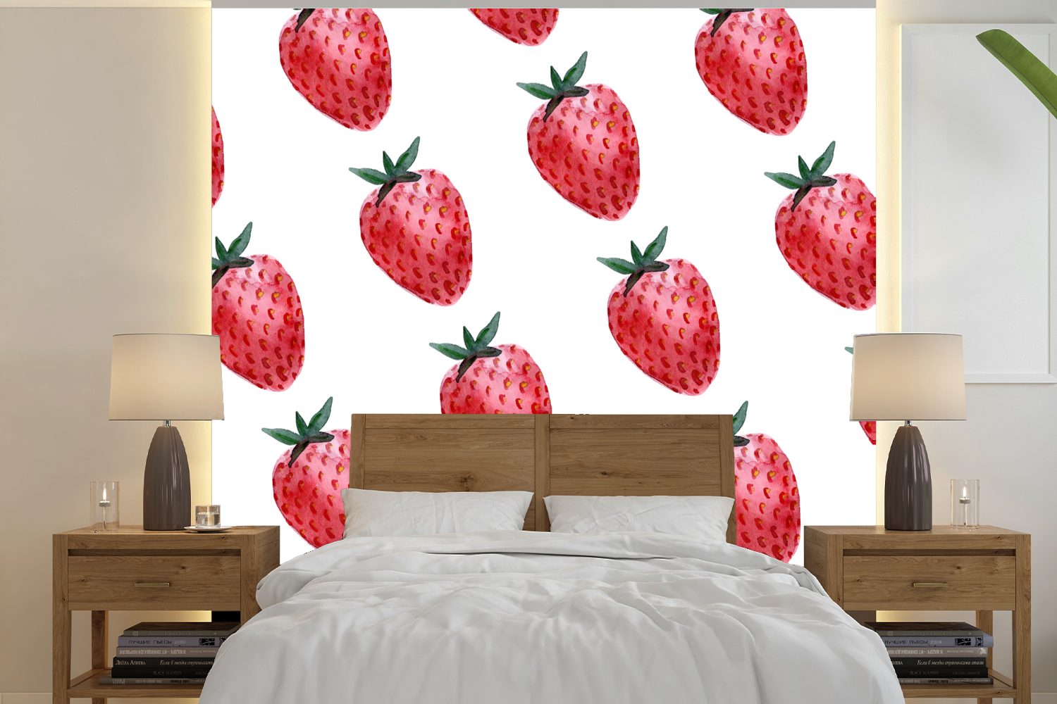 MuchoWow Fototapete Erdbeere - Obst - Weiß, Matt, bedruckt, (5 St), Vinyl Tapete für Wohnzimmer oder Schlafzimmer, Wandtapete