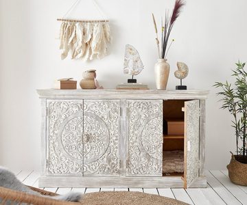 DELIFE Sideboard Colia, Weiß 156x45x90 cm Handgeschnitzt Mangoholz Massiv