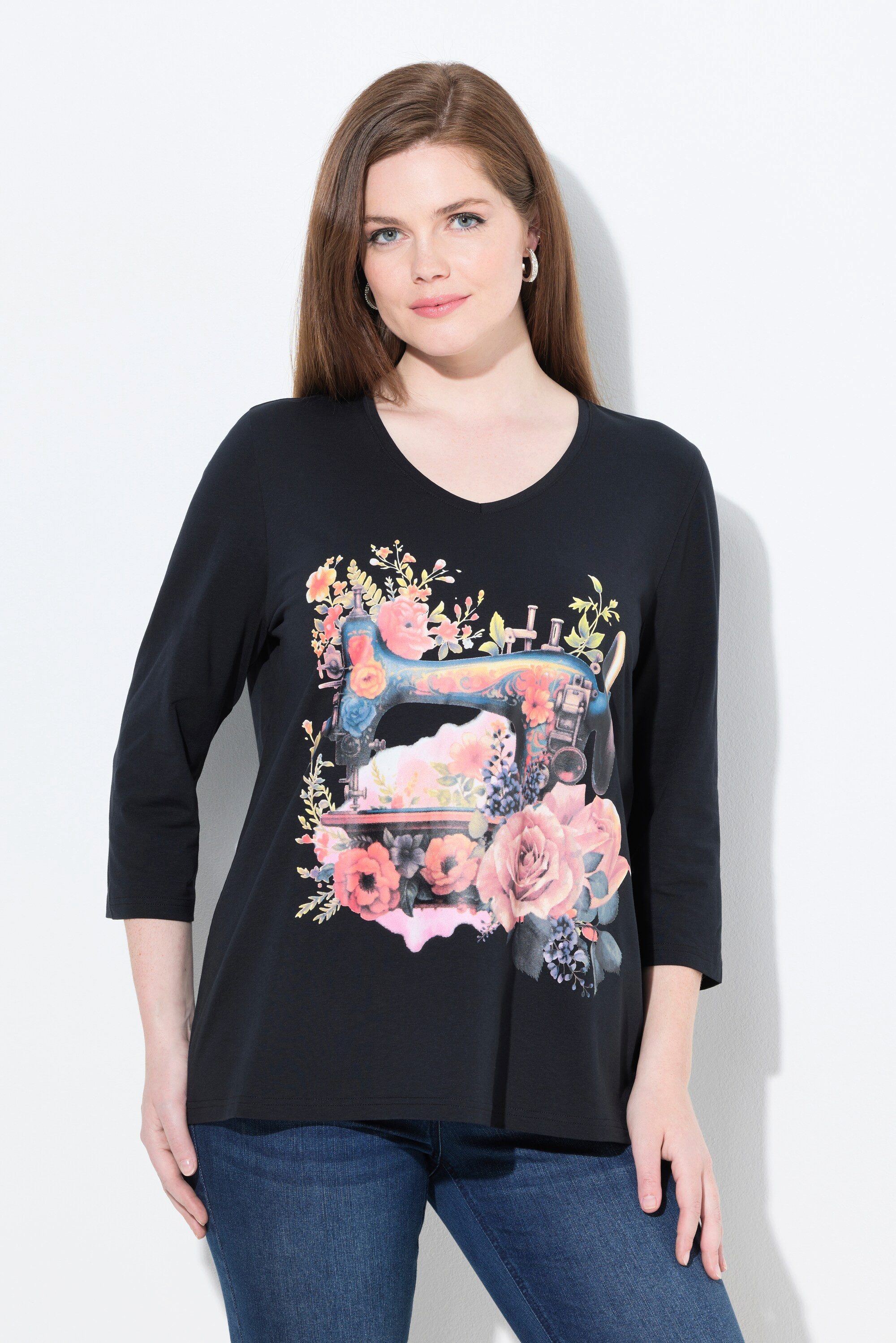 Ulla Popken T-Shirt Shirt Nähmaschine Classic V-Ausschnitt 3/4-Arm