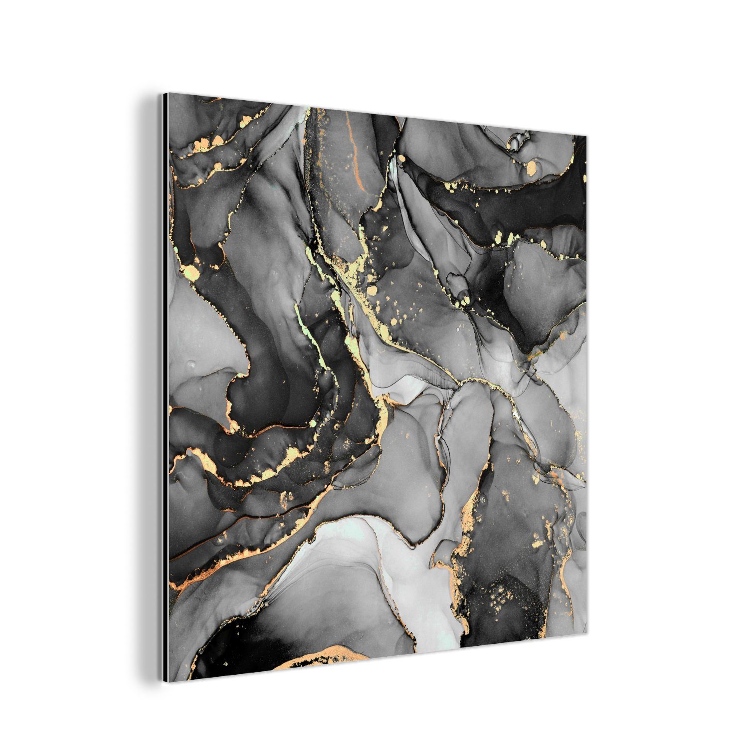 MuchoWow Metallbild Marmor - Schwarz - Gold - Grau, (1 St), Alu-Dibond-Druck, Gemälde aus Metall, Aluminium deko