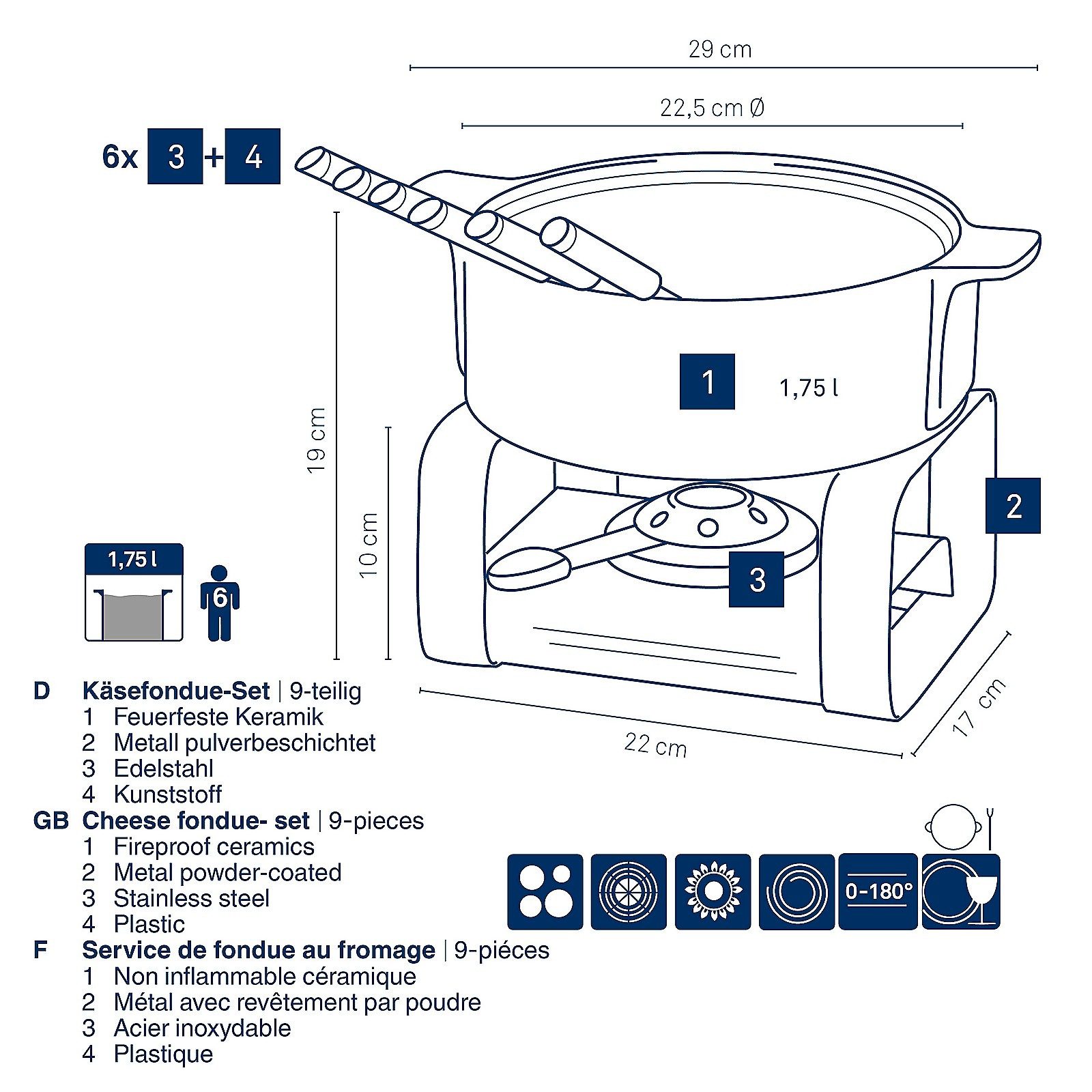 kela Fondue Roman, Käsefondue, hitzebeständiger Keramiktopf, 1,75 L, mit 6 Fondue-Gabeln