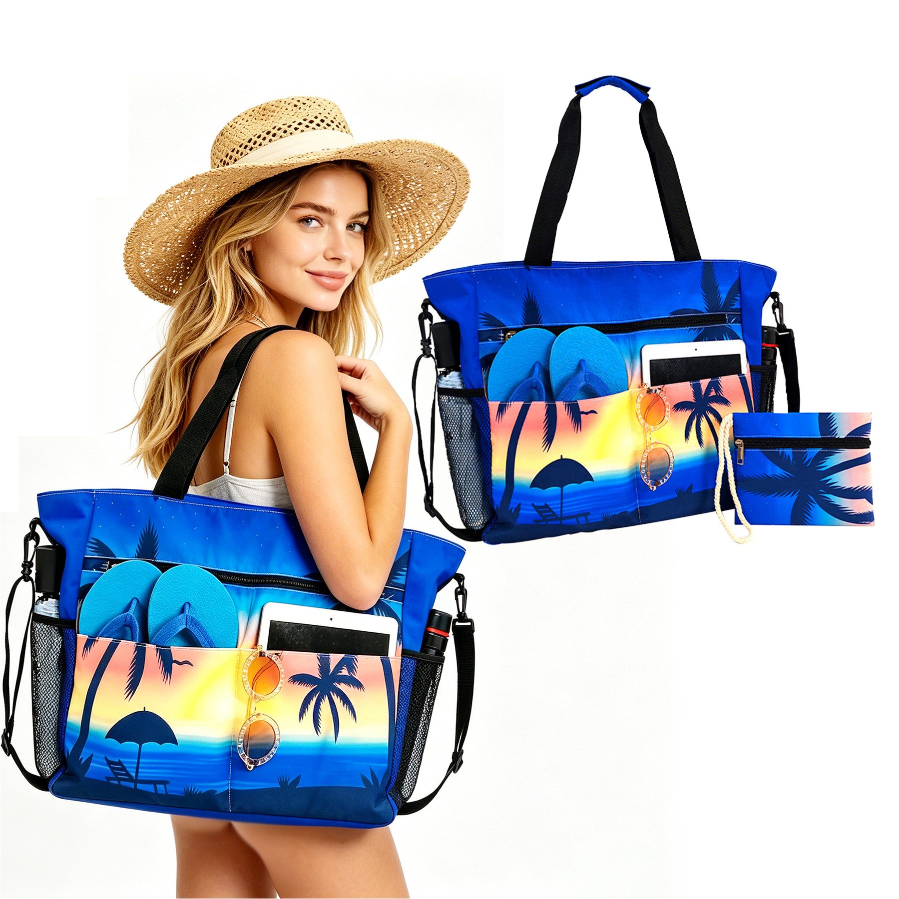 Mutig Strandtasche Große Strandtasche Damen mit Reißverschluss, Familie mit Kühlfach (Große Wasserdichte Strandtasche Damen, Shopper Tasche Handtasche Damen, XXL Familie, Shopper Damen Groß Badetasche, Badetasche Faltbar), mit Nassfach,für Strand Pool Pic