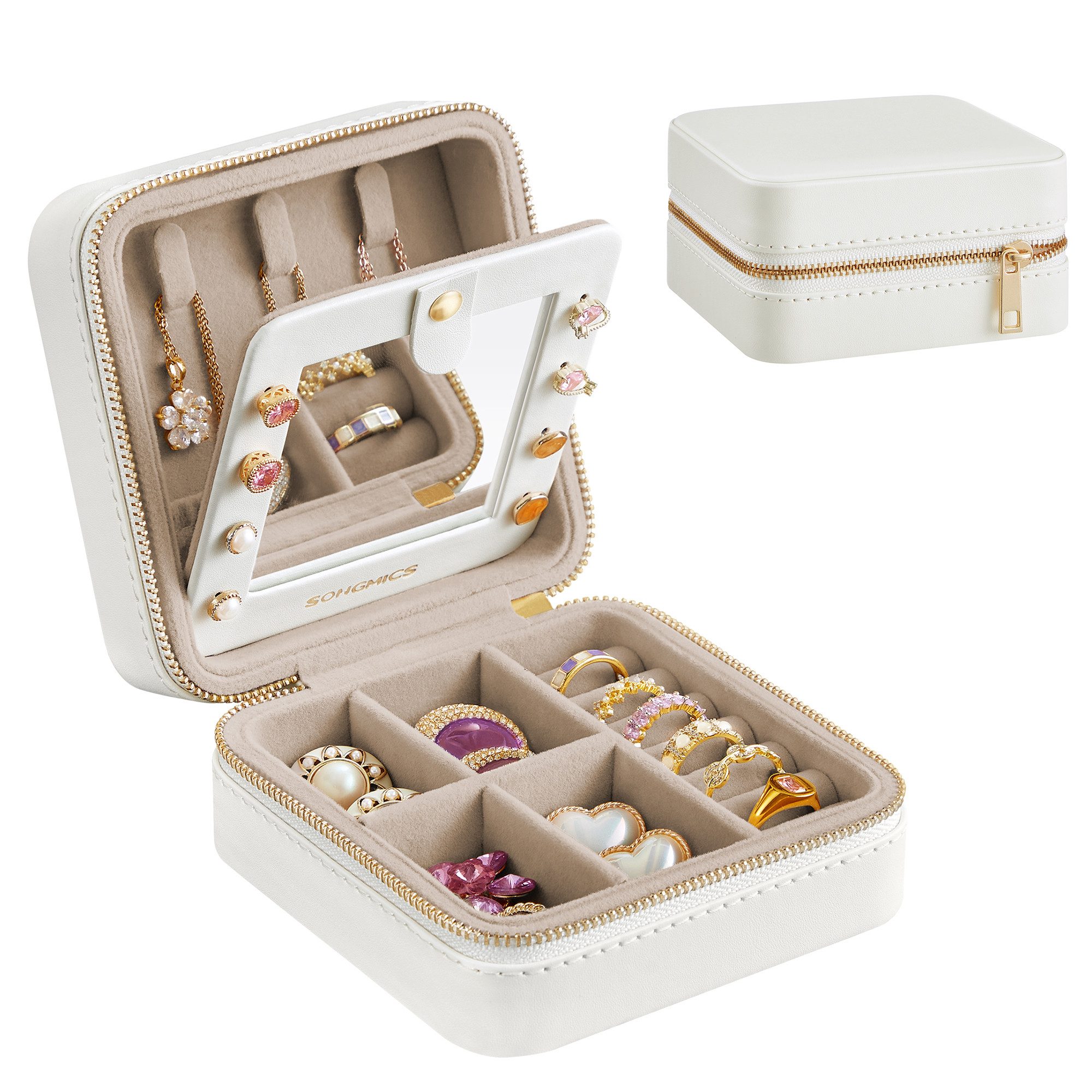 SONGMICS Schmuckkasten Reise, Schmuck-Reiseetui, Spiegel, Reißverschluss, Geschenkidee, Schmuckaufbewahrung tragbar, PU-Bezug, 11,4 x 11,4 x 6 cm