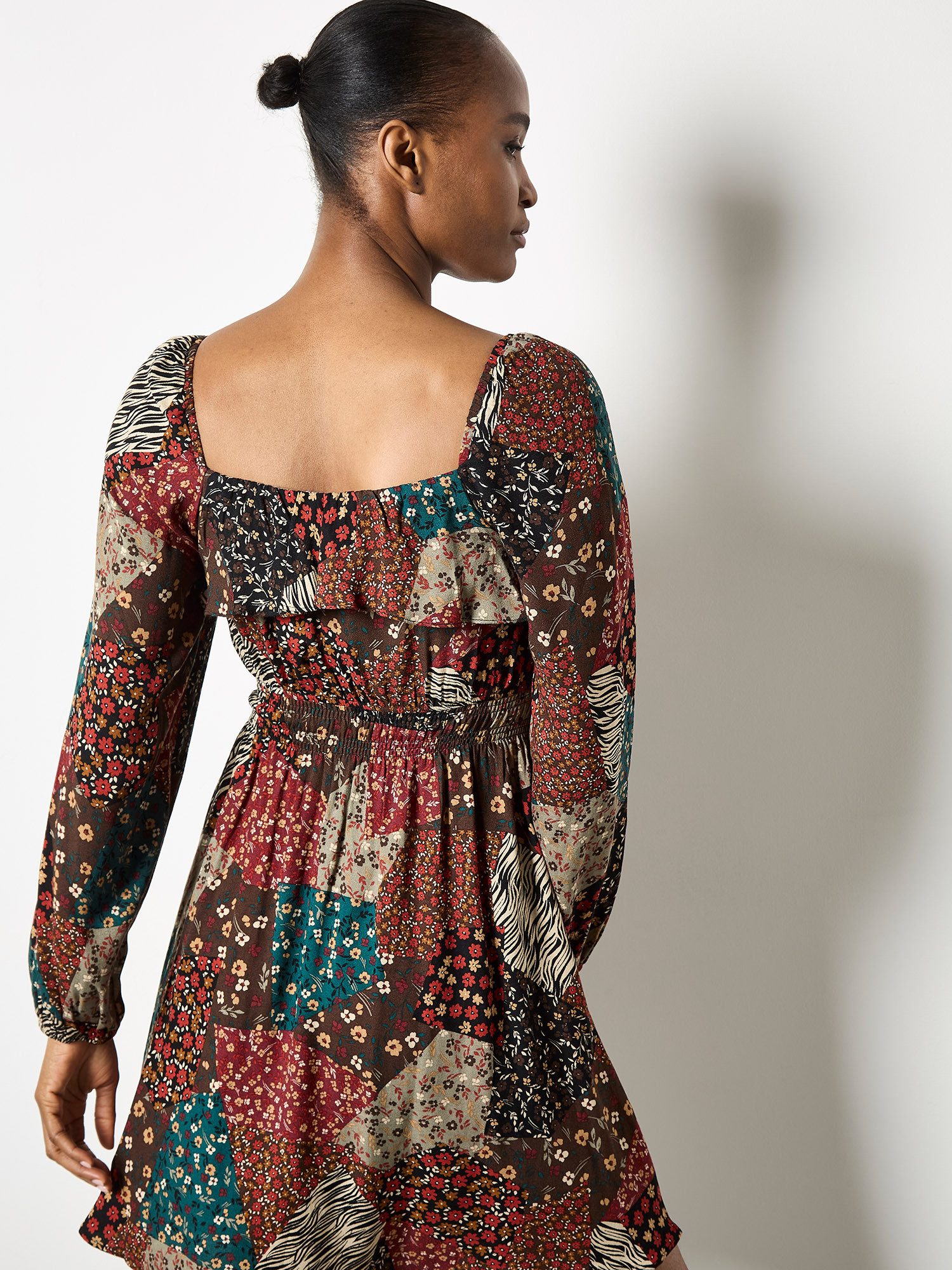 Apricot Minikleid Patchworkkleid mit Smokdetails und Ballonärmel günstig online kaufen