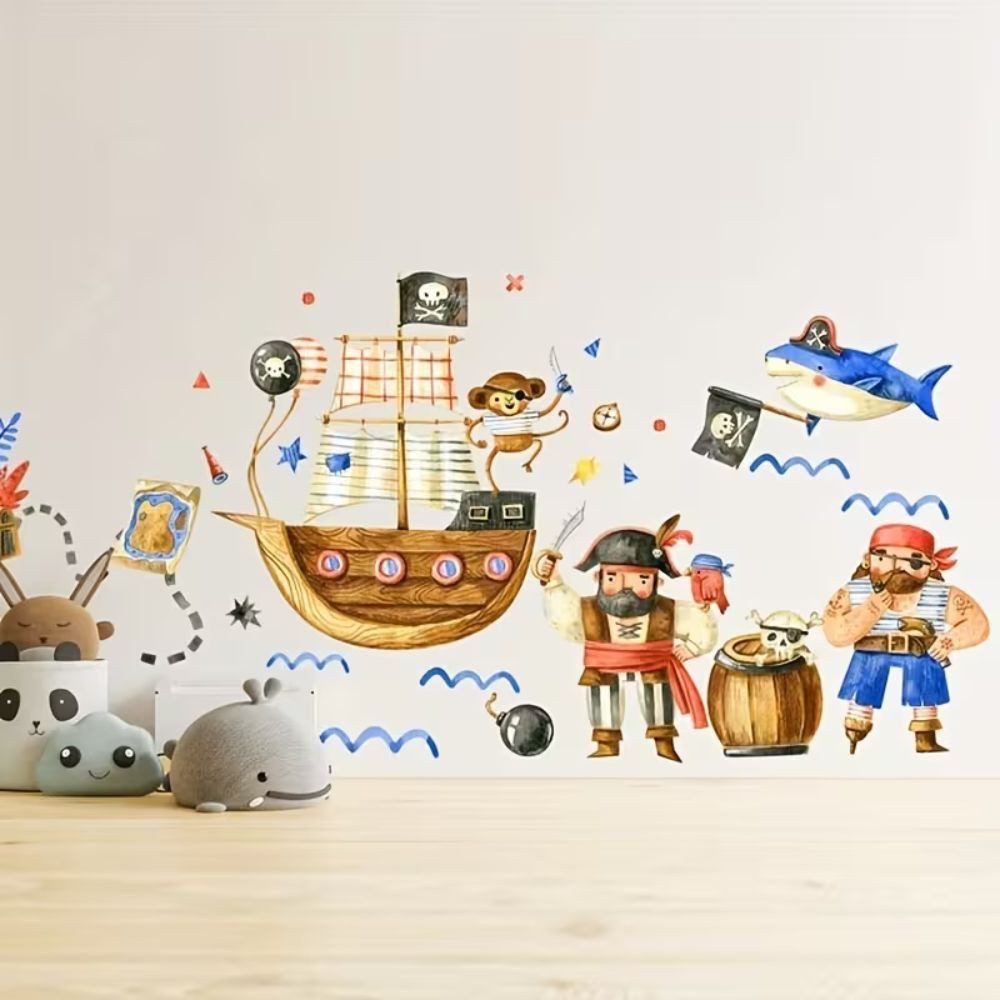 Montegoni Wandsticker Piraten Wandsticker Kinderzimmer Piratenschiff Hai Schatzkarte Deko (Mehrteiliges Wandtattoo Set, Piratenschiff Wandsticker Kinder Set), S – Bild 3 von 5