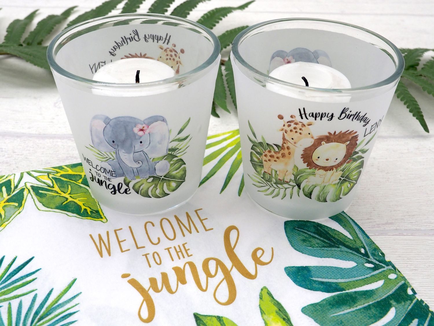 ZauberDeko Windlicht Windlicht Banderole Jungle Kinder Geburtstag Kerzenglas NAME 7,5cm H