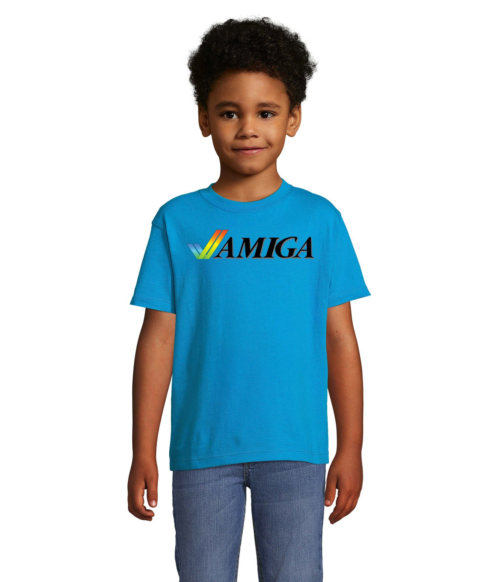 T-Shirt Blau Commodore Jungen Amiga Nintendo Mädchen Spiele Brownie & Blondie Kinder Atari Konsole &