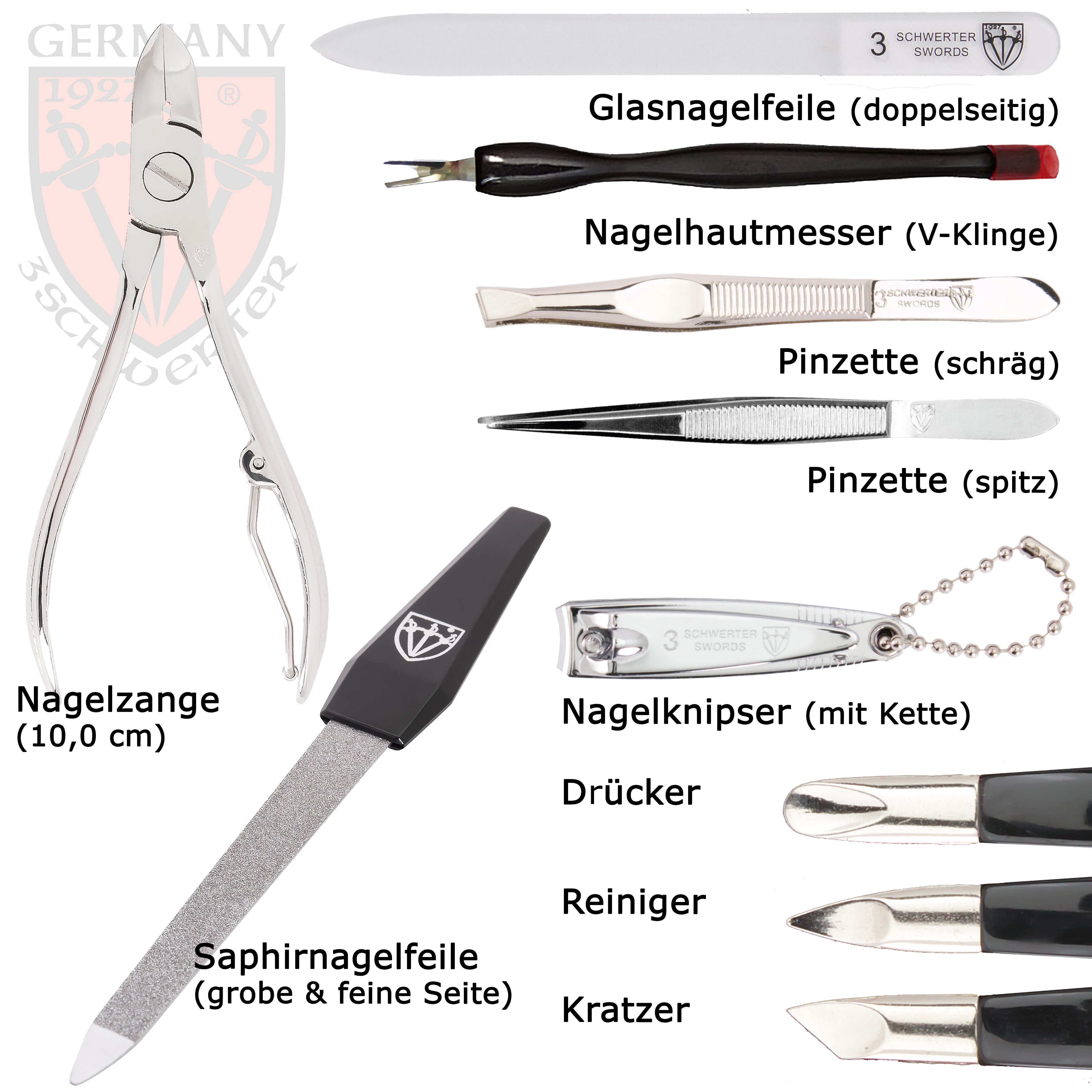 3 SCHWERTER Maniküre-Etui Nagelpflege, Maniküre Set "London" mit Etui, 12 tlg., hochwertiges Nagelset, 12-teilig, Made in Germany