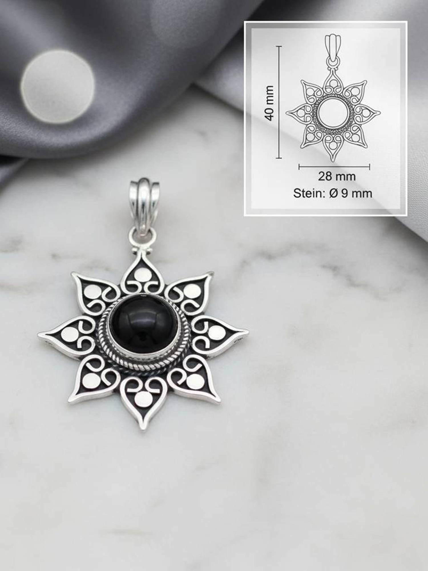 mantraroma Kettenanhänger SUNA aus 925 Silber mit Onyx (Kettenanhänger am Baumwollband im Schmuckbeutel), 925 Sterling Silber Kettenanhänger für Damen