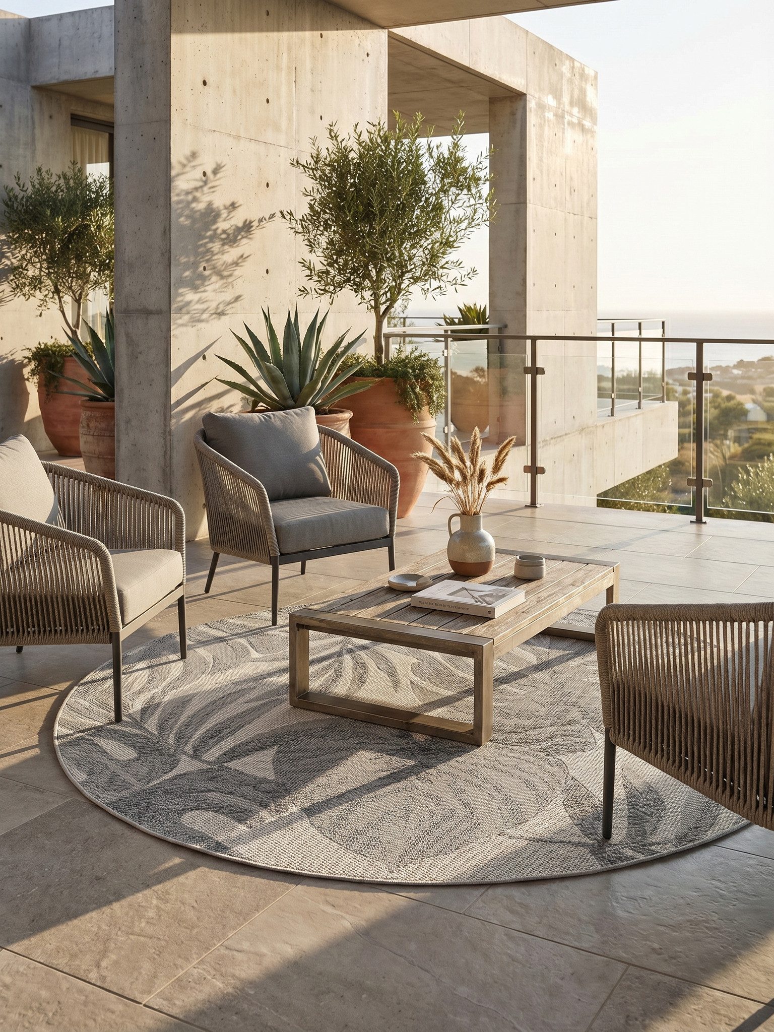 KADIMA DESIGN Teppich VENTOUX Wetterfest UV-Beständig Balkon Waschbar Strapazierfähig, Rund, Höhe: 5 mm, Grau, 80x80 cm, Outdoor Balkonteppich Terrasse Pflegele – Bild 3 von 5