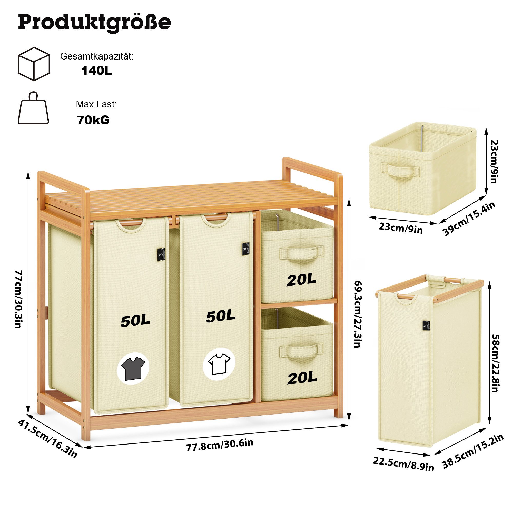 AdelDream Wäschekorb AdelDream 140L Wäschekorb mit Korb und Ablagen – Bild 3 von 5
