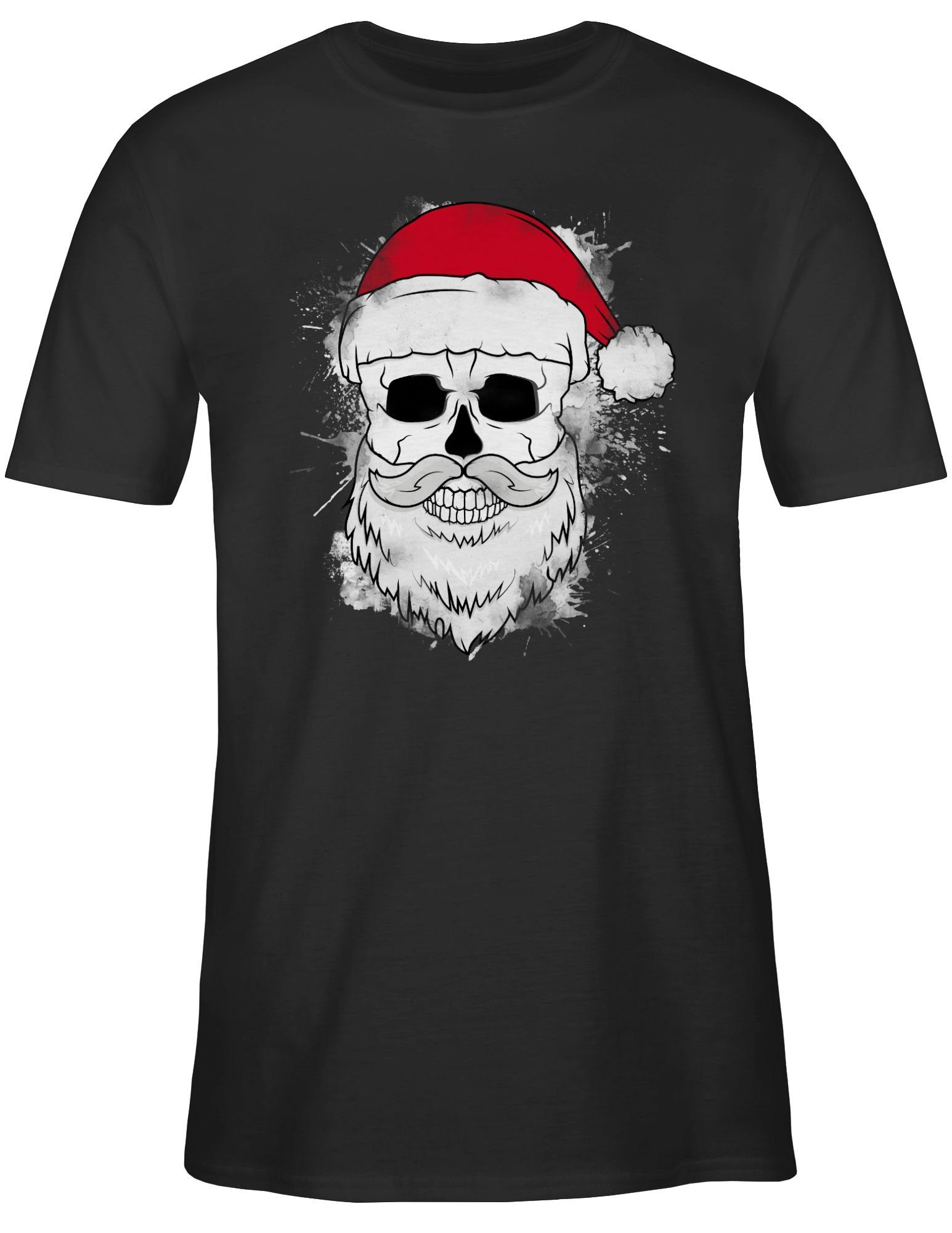 Kleidung Schwarz Totenkopf und Weihnachtsmütze T-Shirt Weihachten 1 Shirtracer Bart mit