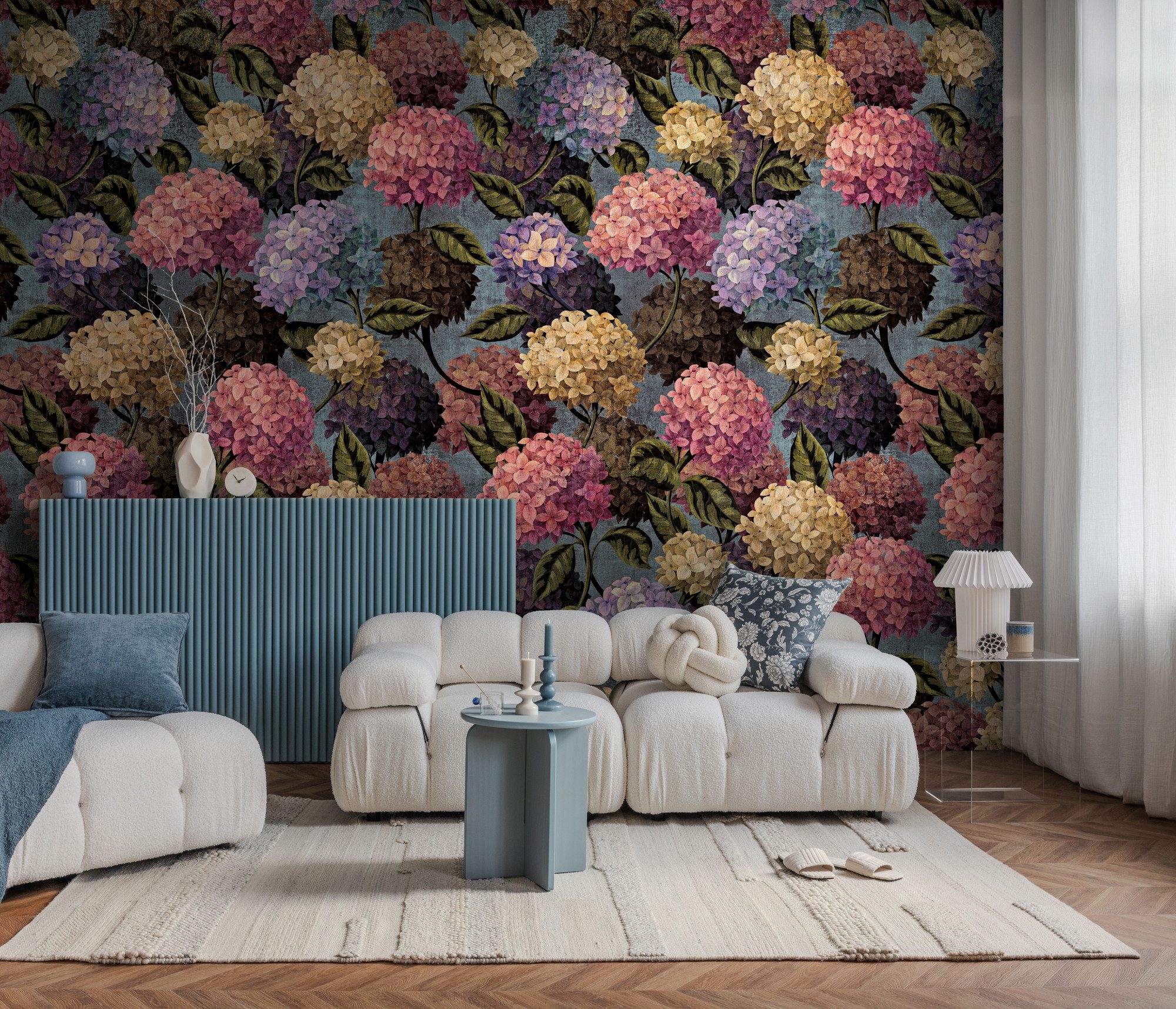 living walls Fototapete The Wall 4 Flowers – Üppige Hortensienblüten Vlies-Fototapete, leicht strukturiert, floral, matt, botanisch, (1 St), Üppige Hortensienblüten mit natürlicher Tiefenwirkung