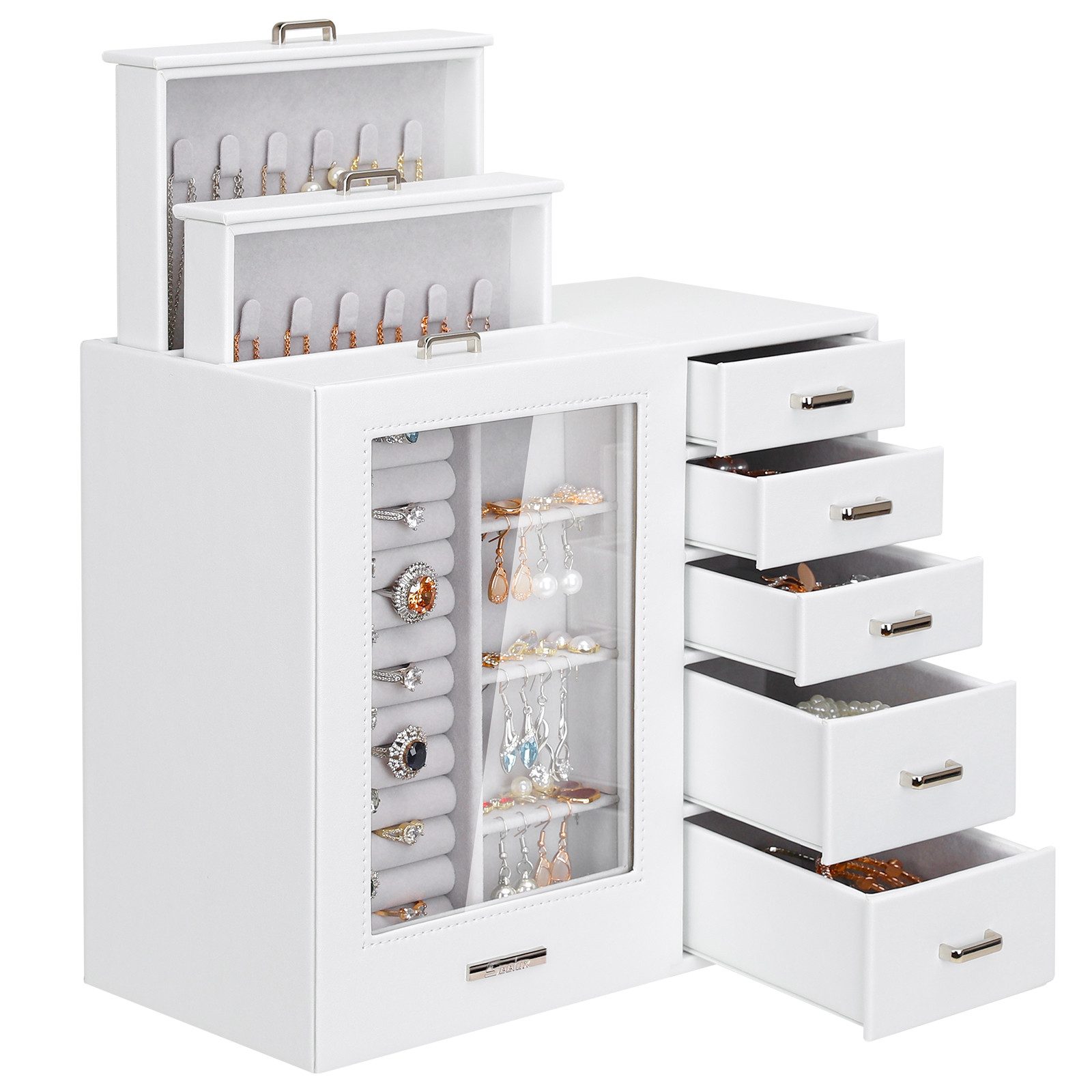 Yorbay Schmuckkasten Groß mit 8 Schubladen, Schmuckkoffer mit Glasfenster für Damen, Schmuckschatulle für Halsketten, Ringe, Armbänder, Ohrringe